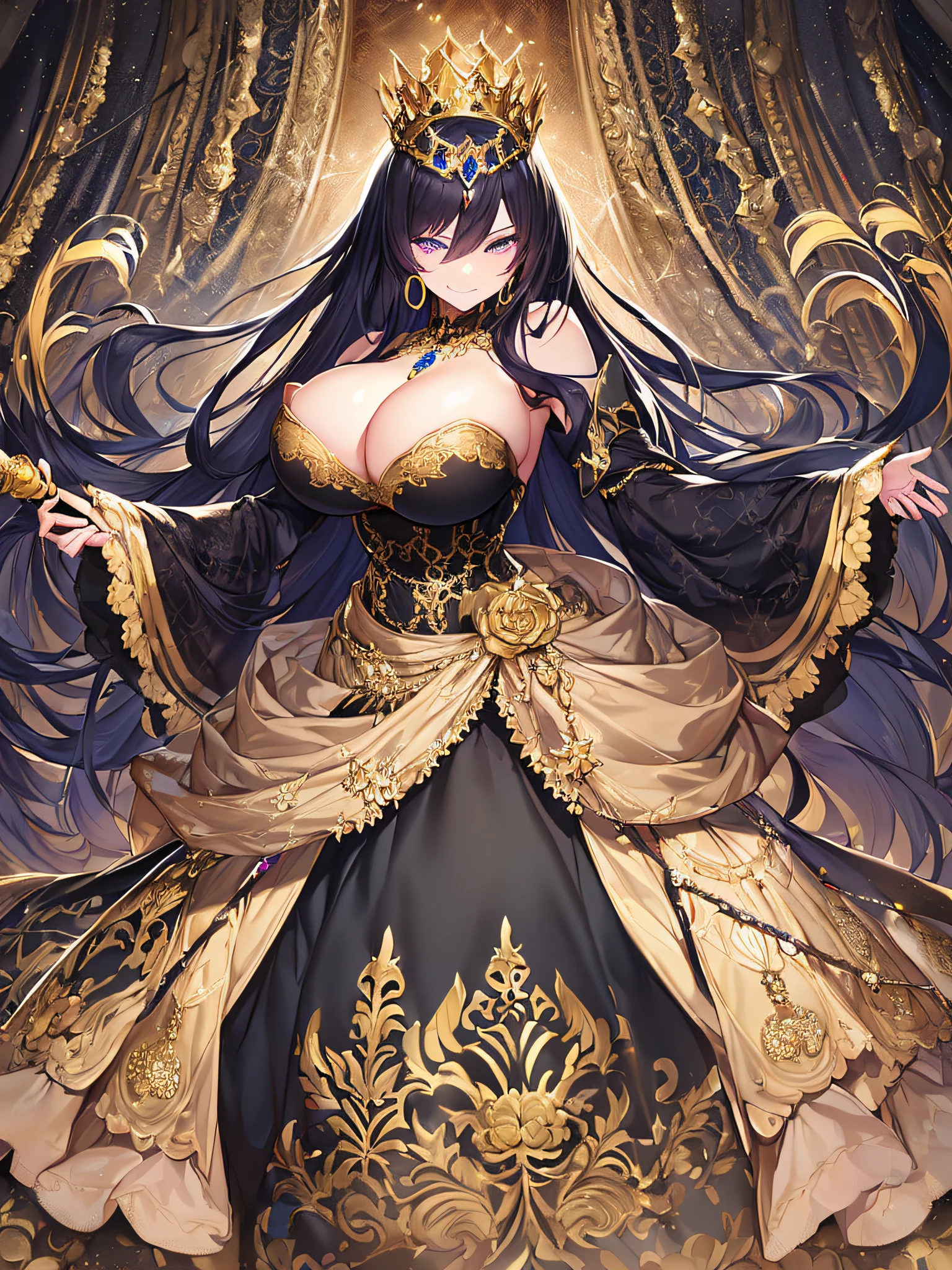 ((anime artstyle)),(Masterpiece),(Best Quality), (Super Detail),((Very Delicate and Beautiful)),(((Solo))),((full body portrait)),(((1 arrogant queen in beautiful embroidery black and gold gorgeous rococo princess ballgown with voluminous full length hoop skirt))),gold trim,((crinoline)),gorgeousfull embroidery,Long train((arrogant,haughty)),(((arrogant smile))),Sharp eyes,(holding a luxurious scepter),sunlight,((gorgeous gemstone jewelry)),detailed face and eyes,jewel-like eyes,Purple eyes,(Bangs between eyes),((large amount of straight hair,extremely Long voluminous black Hair)),((gigantic ,Long titsorgeousfull embroidery,cleavagely gorgeousfull hair ornament,(bling-bling extremely gorgeousfull jeweled tiara),gorgeous corsage,(Dynamic Angle),Looking at viewer,(full body)),((beautiful embroidery black and gold gorgeous rococo princess ballgown with voluminous full length hoop skirt))