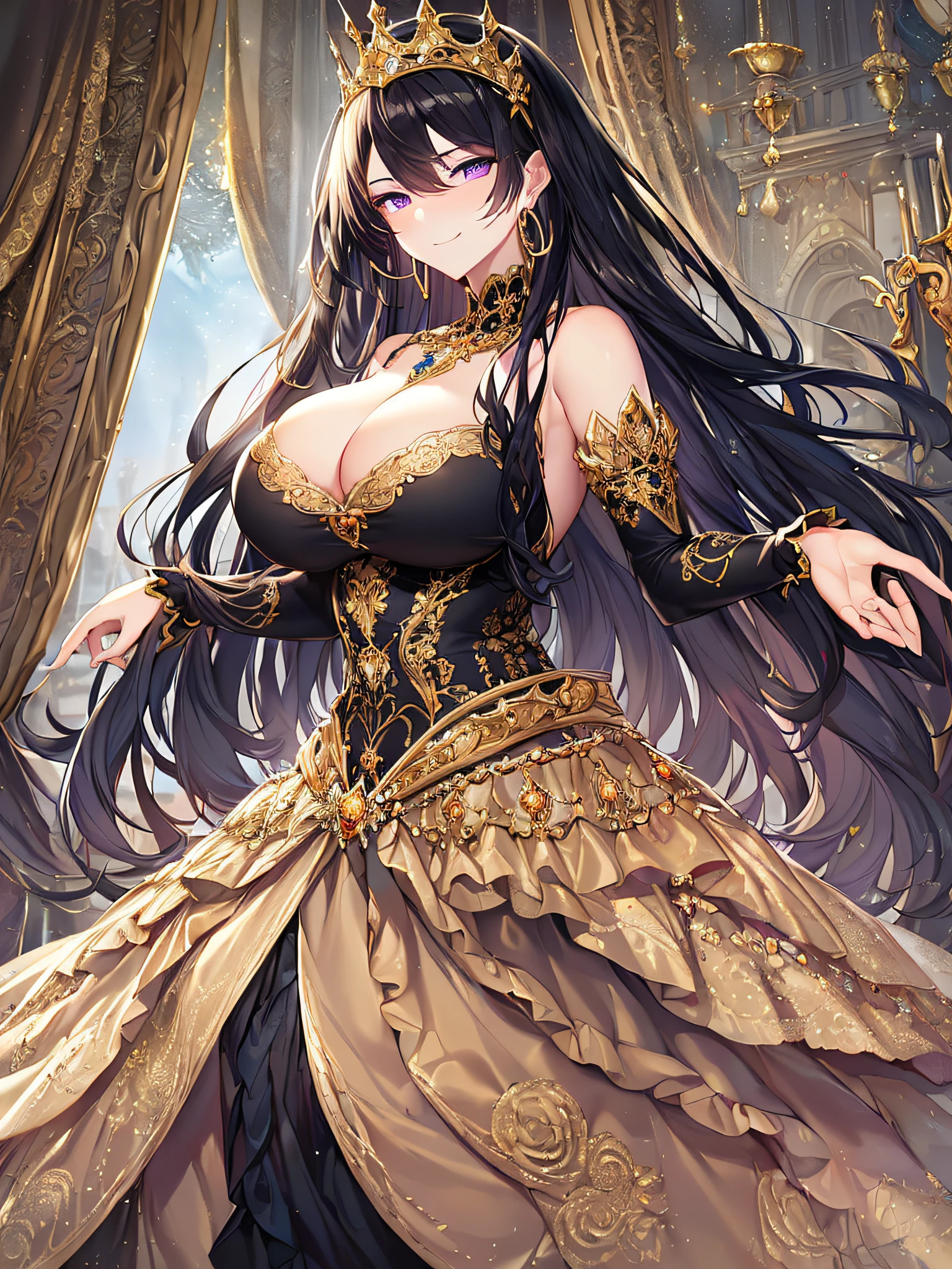 ((anime artstyle)),(Masterpiece),(Best Quality), (Super Detail),((Very Delicate and Beautiful)),(((Solo))),((full body portrait)),(((1 arrogant queen in beautiful embroidery black and gold gorgeous rococo princess ballgown with  voluminous full length hoop skirt))),gold trim,((crinoline)),gorgeousfull embroidery,Long train((arrogant,haughty)),(((arrogant smile))),Sharp eyes,(holding a luxurious scepter),sunlight,((gorgeous gemstone jewelry)),detailed face and eyes,jewel-like eyes,Purple eyes,(Bangs between eyes),((large amount of straight hair,extremely Long voluminous black Hair)),((gigantic tits,Long tits)),gorgeousfull embroidery,cleavage,extremely gorgeousfull hair ornament,(bling-bling extremely gorgeousfull jeweled tiara),gorgeous corsage,(Dynamic Angle),Looking at viewer,(full body)),((beautiful  embroidery black and gold gorgeous rococo princess ballgown with voluminous full length hoop skirt))