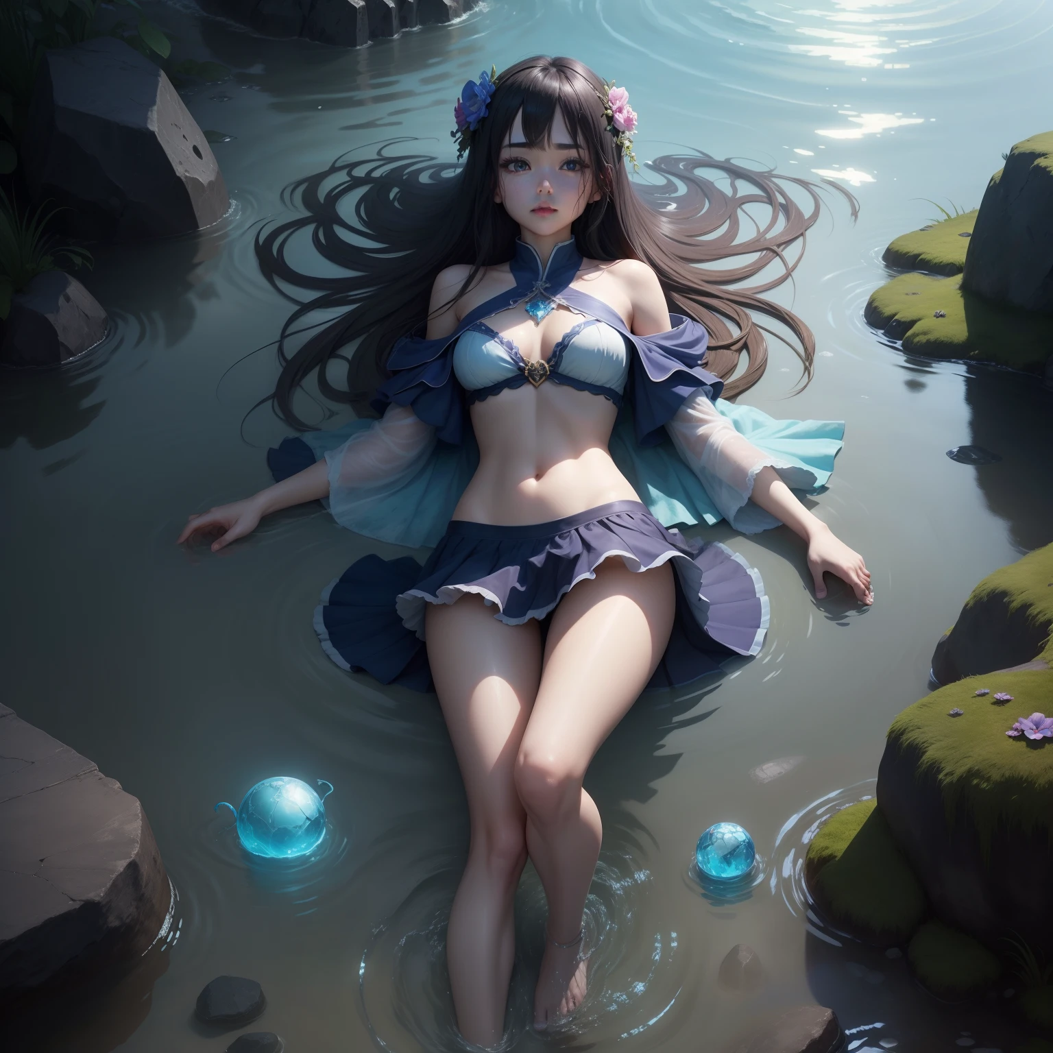 The corpse of a two-dimensional beautiful girl,Will magic,water elemental,Open navel,The barefoot,short skirt。