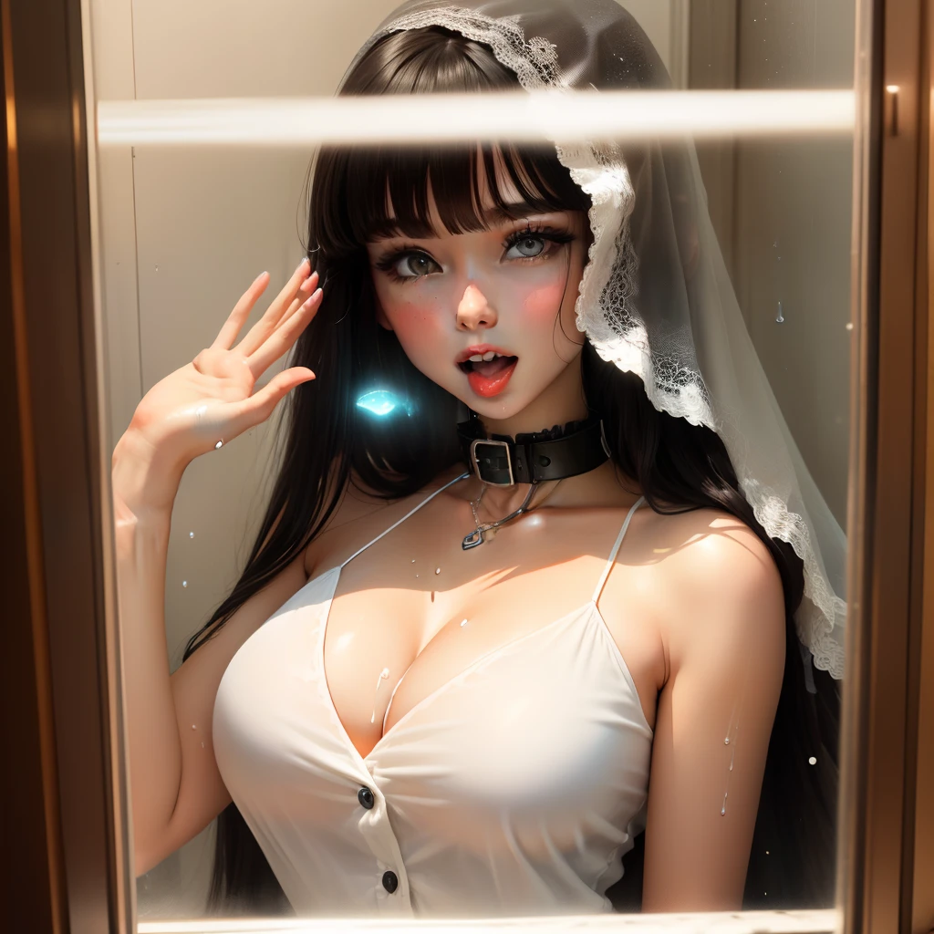 Beautiful woman doll white liquid big wet collar sticking out tongue intaglio photo black hair long button bangs sexy，Expose  and