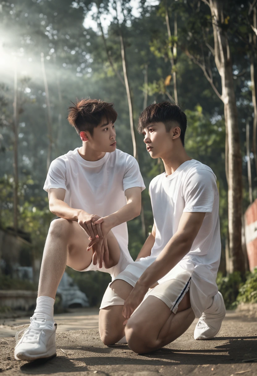 Two young Asian men wearing only panties and white socks, split thin legs, white skin with lines,Thin waist, sit, hands back on the ground, crotch front top