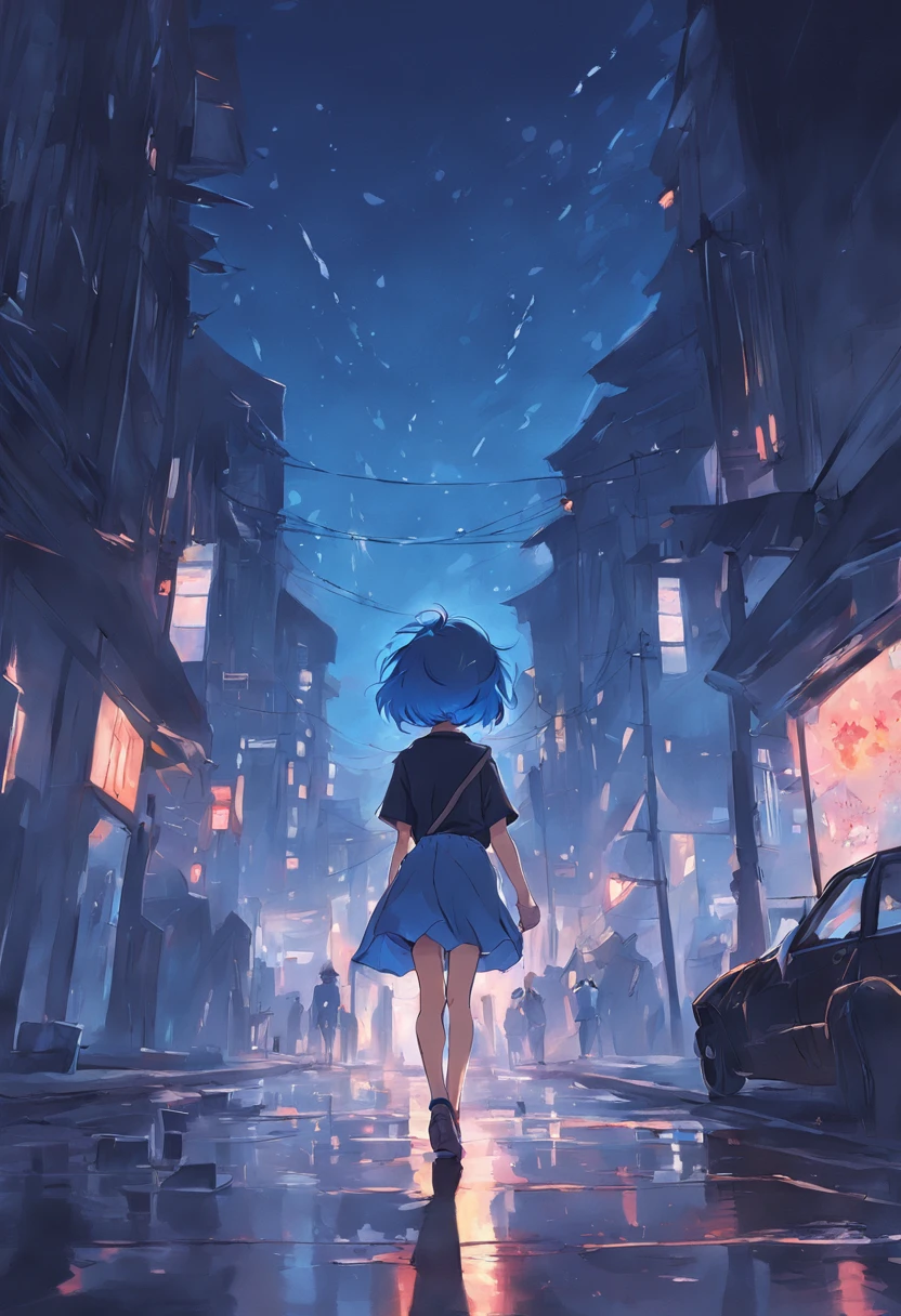 Draw blue short hair girl from behind with guitar case walking in the town at night time,Convey order and respect(Don't be beautiful)