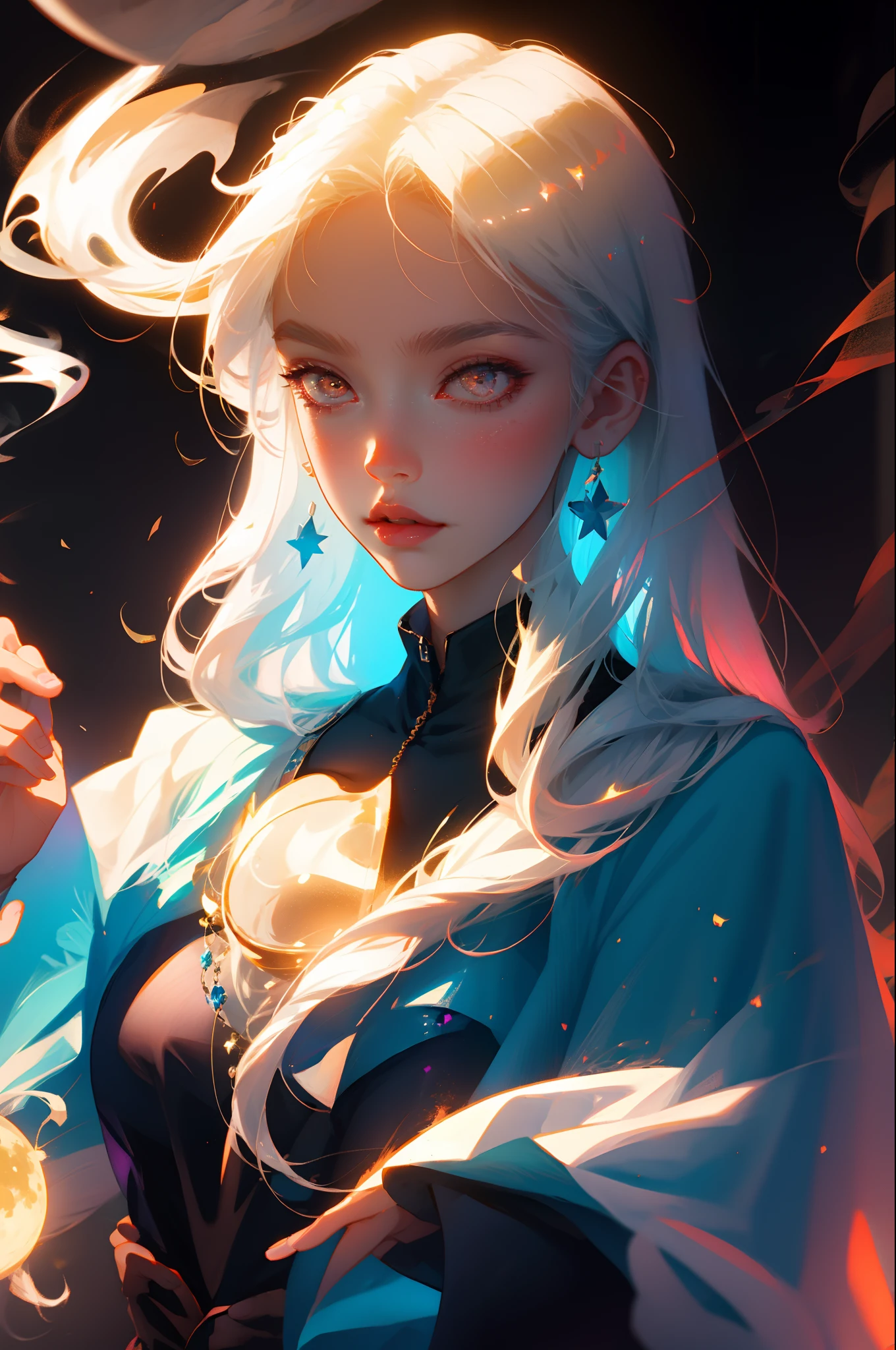 Tall woman with bright white eyes, long white hair, moon goddess, glowing body, holding magic star in hand, closeup smoke arround, anime, 8k