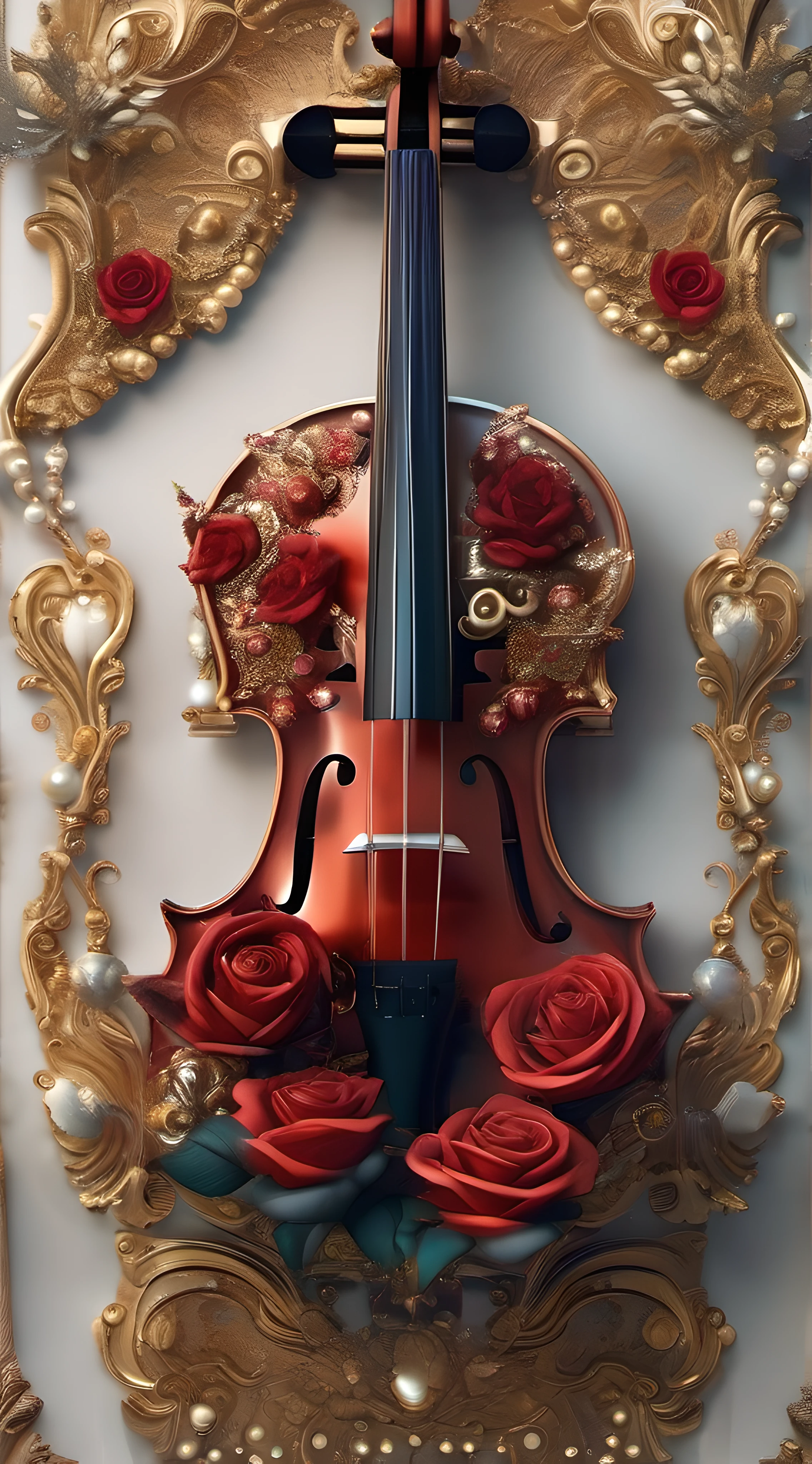 (absurdres, highres, ultra detailed), an ornate Violin, roses, pearls, gold, diamonds, Ultra photo realism, super-fine, 8K,Premium wallpapers，Highest image quality，3D,C4D,Master masterpieces，octane rendering