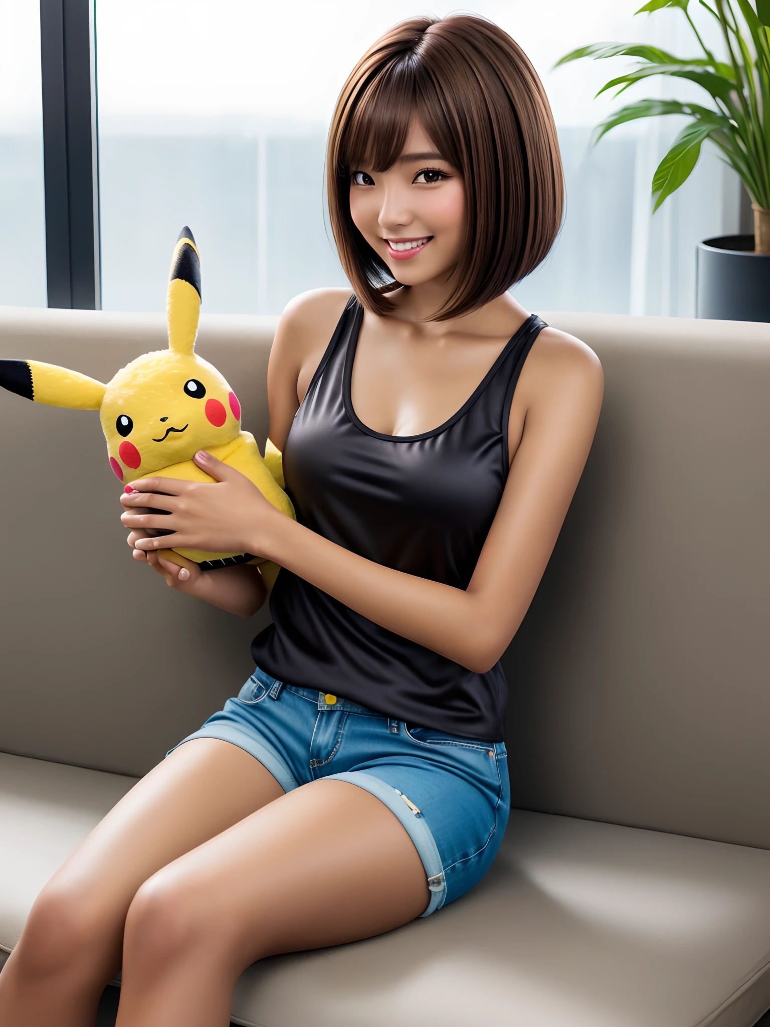 product quality, 1 girl per 1 photo, a cowboy shot, front view, a Japanese young pretty girl, bob hair, wearing a satin tank tops with a graphic printed, wearing hot pants, sitting on a sofa alone with a big smile, holding a Pikachu doll on her knees, hyper cute face, glossy lips, double eyelids for both eyes, natural makeup, shiny smooth light brown hair of bob hair, asymmetrical bangs, tanned skin, central image, high resolution, high detail, detailed hairstyle, detailed face, cinematic lighting, octane rendering, hyper realistic, perfect limbs, perfect anatomy