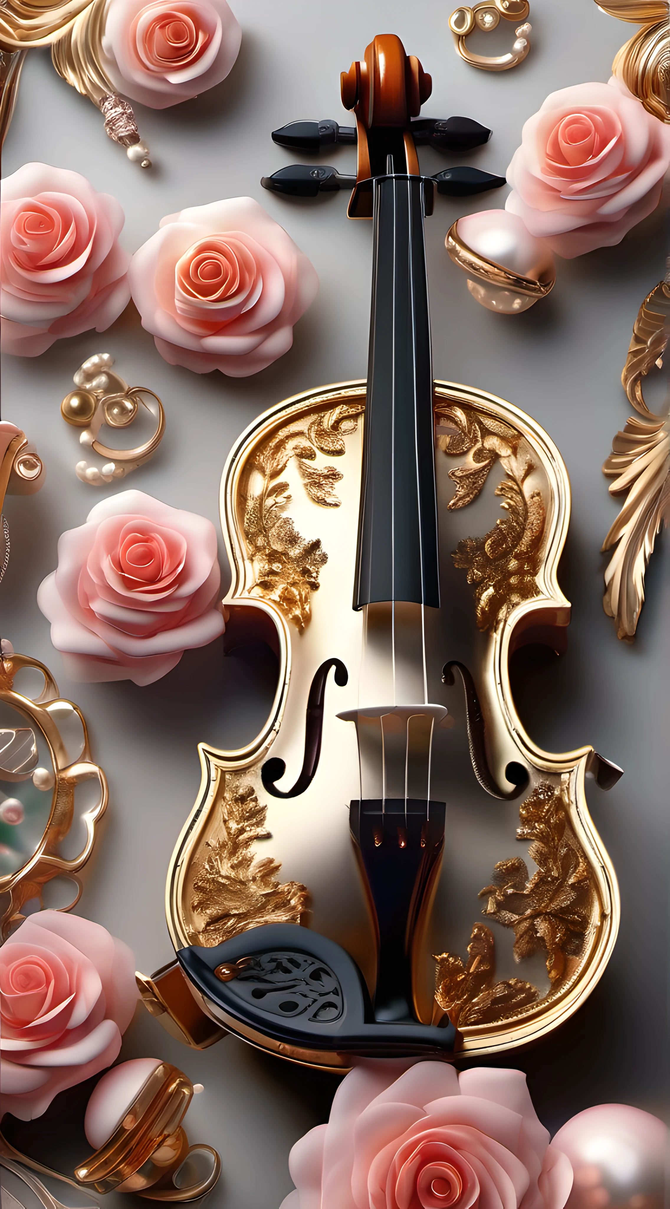 (absurdres, highres, ultra detailed), an ornate Violin, roses, pearls, gold, diamonds, Ultra photo realism, super-fine, 8K,Premium wallpapers,Highest image quality,3D,C4D,Master masterpieces,octane rendering