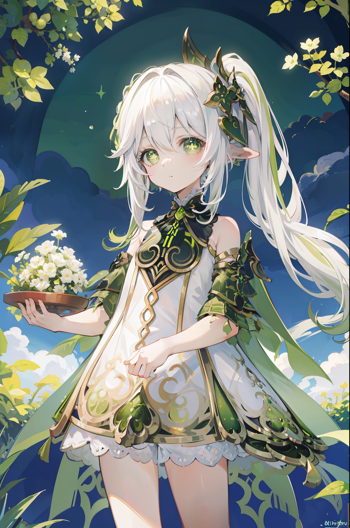 Nahida_Genshin,(White hair),cross-shaped pupils,default_dress,Green cape,simplebackground,themoon,The breath of life,green color,grassy fields,The breath of life,Divinity