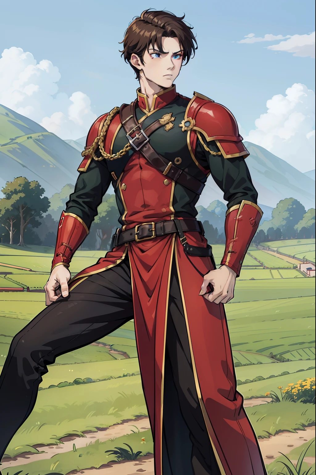 Adventurer Fighting uniform, black and red clothing color, balck shirt, young man, 20 years, light brown hair, short hair, green blue eyes, normal eyes, muscular, tall, 6.3 foot tall, confident pose, fields background