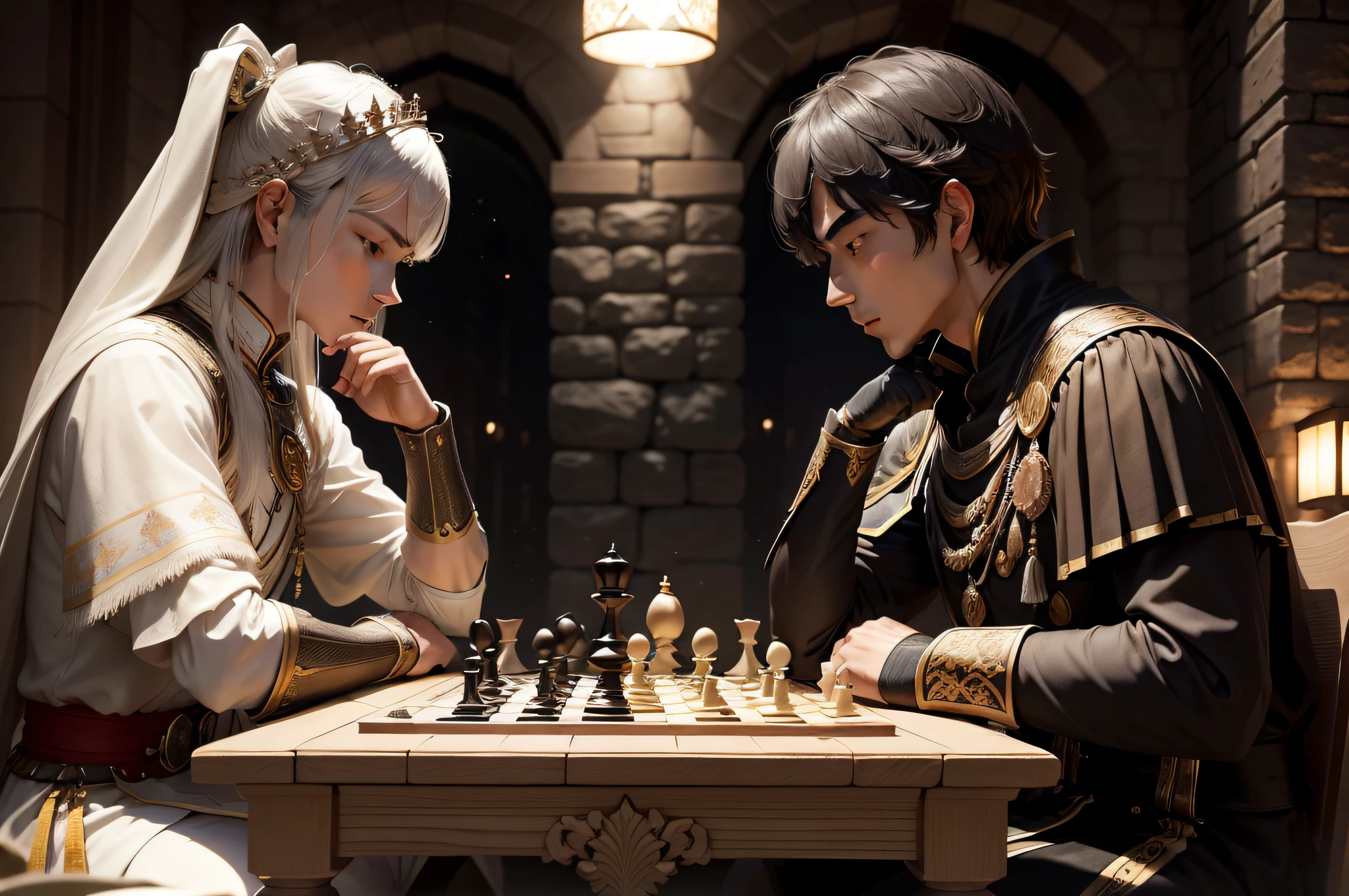Stone Desk、Royal knights sitting across from each other、Two royal knights sitting on stone chairs、Playing Chess Face-to-Face、chessboard、Night Peace、Detailed pieces