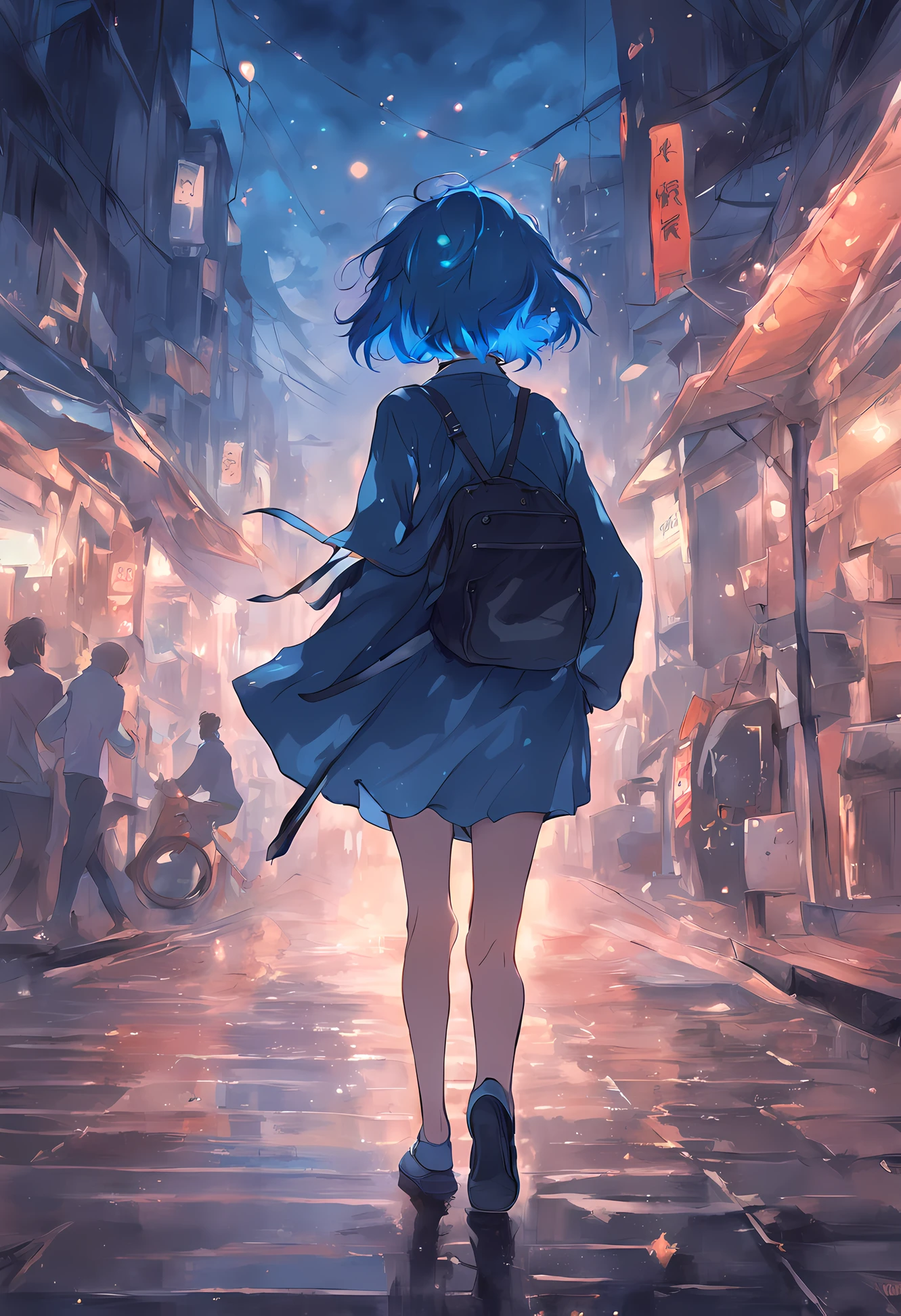Draw blue short hair girl from behind with guitar case walking in the town at night time,Convey order and respect(Don't be beautiful)