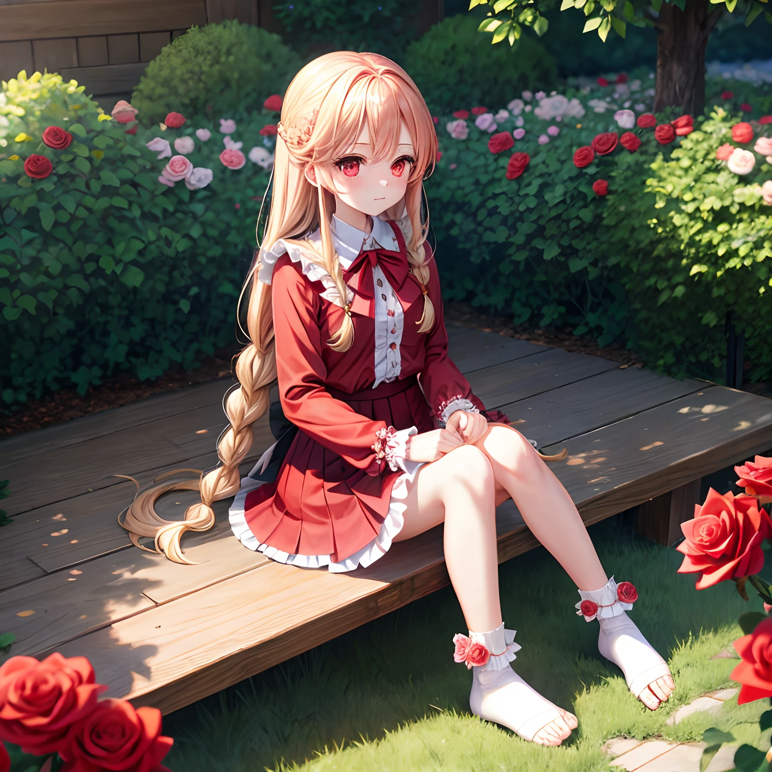 red blush、long blonde hair、red eyes、Beautiful girl alone、animesque、独奏、Clothes with frills、a miniskirt、rose garden、sitting on、Foot braids