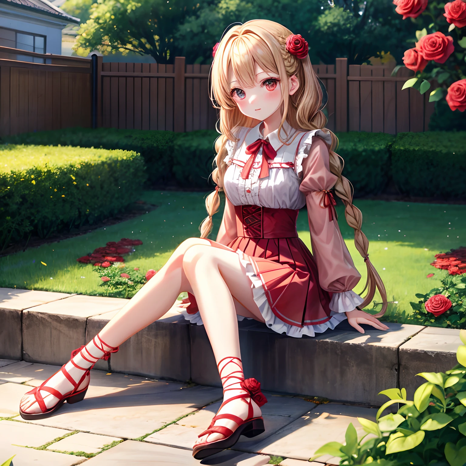 red blush、Wavy blonde、red eyes、Beautiful girl alone、animesque、独奏、Clothes with frills、a miniskirt、rose garden、sitting on、Foot braids