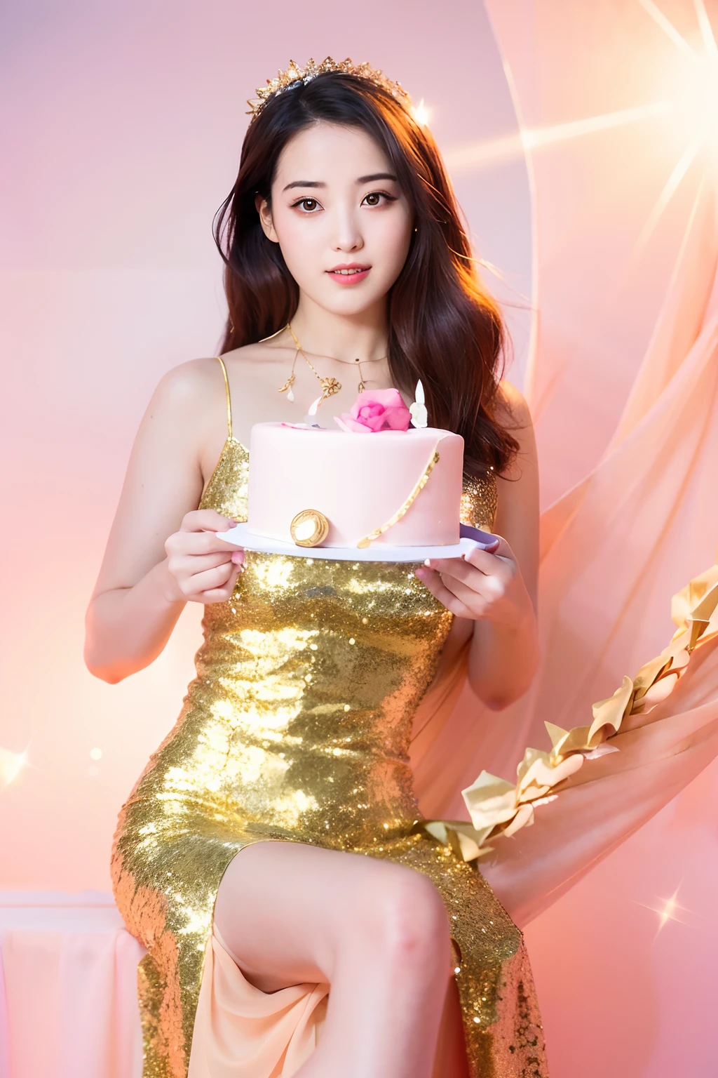 An Araki woman in a glittering dress holds a cake with gold decorations, Holding a birthday cake, Cake in hand, photoshoot, dilraba dilmurat, product introduction photos, Photo taken with Nikon D 7 5 0, Photo taken with Nikon D750, happy birthay, photoshoot for skincare brand, Cupcakes, wearing a glittery dress, products shot