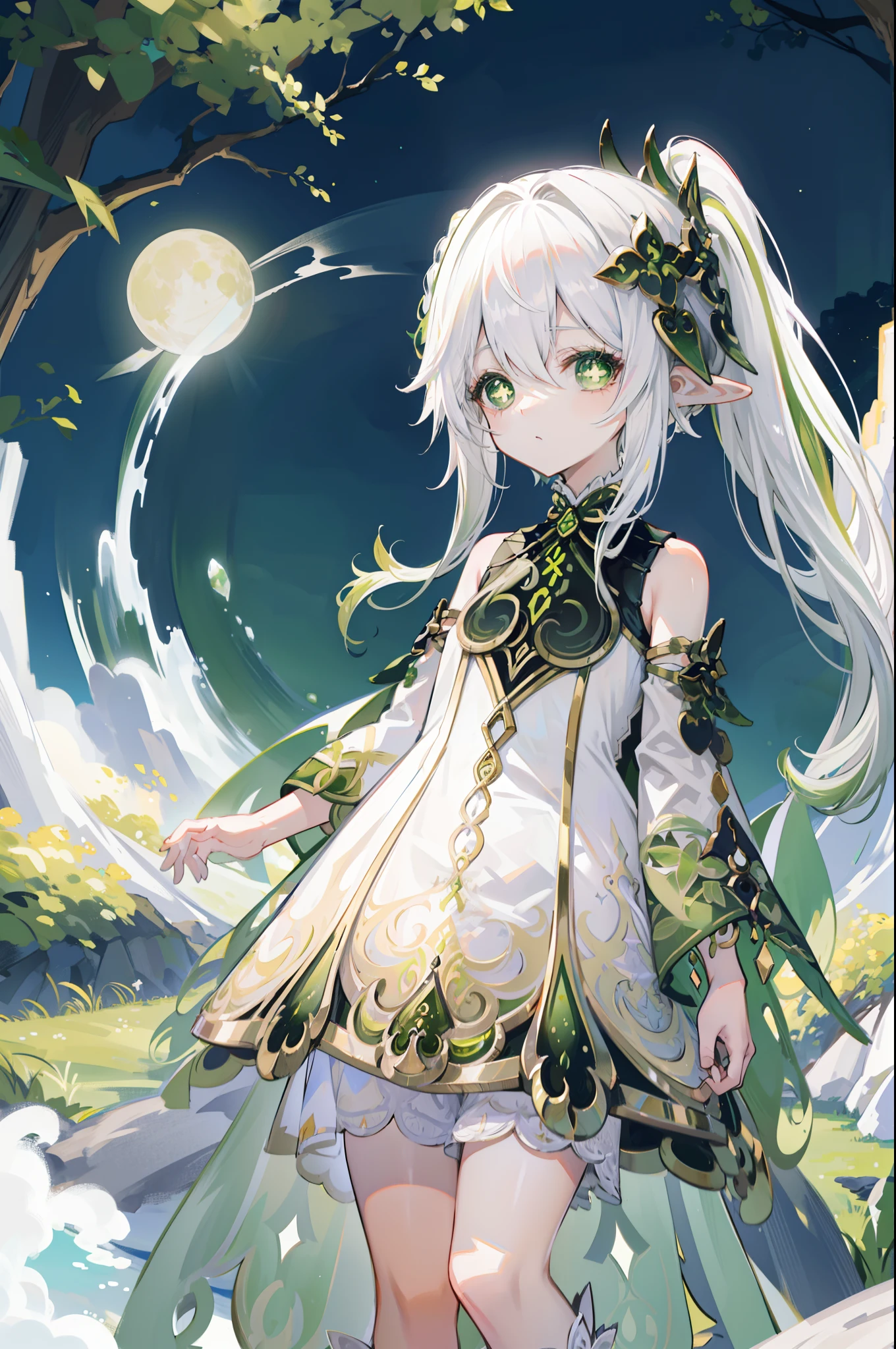 Nahida_Genshin,(White hair),cross-shaped pupils,default_dress,Green cape,simplebackground，themoon，The breath of life，green color，grassy fields，The breath of life，Gentle and powerful divinity，A sense of majesty