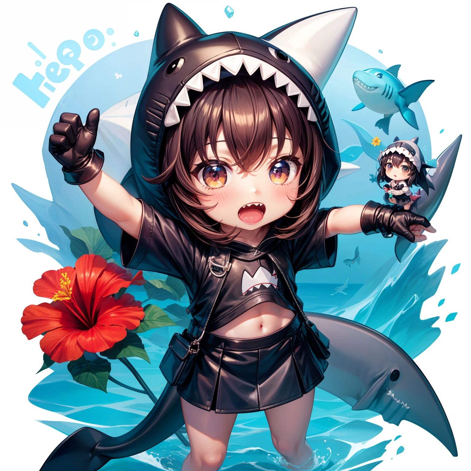 hightquality,Masterpiece, Chibi, nendoroid, Mega Mini, Shark hat, Shark hats have no ears, Hats don't have ears, Shark tail, Shark costume, A dark-haired, Hairstyle Bob, Metal, Riding a shark, hibiscus, full bodyesbian,