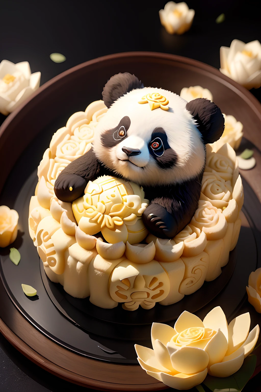 Cake in the shape of Alafi,There sits a panda on it, by Yang J, animal - shaped cake, lovely digital painting, cute 3 d render, inspired by Luo Ping, Panda, Cute panda, By Fei Danxu, author:Arthur Penn, panda panda panda, trend on behance 3d art, trend on behance 3 d art