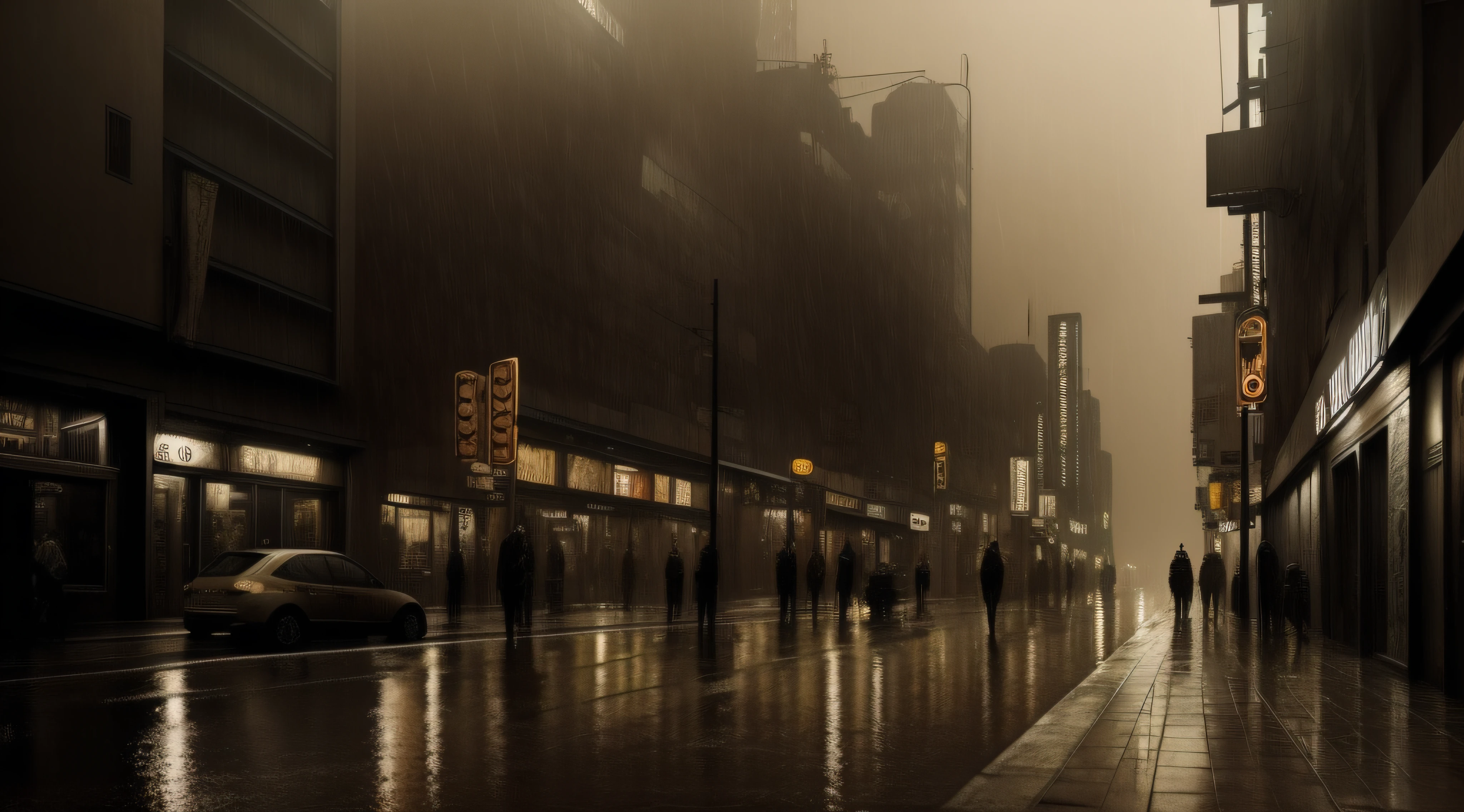 dark, cyberpunk, sepia, rain, city, night, bleak