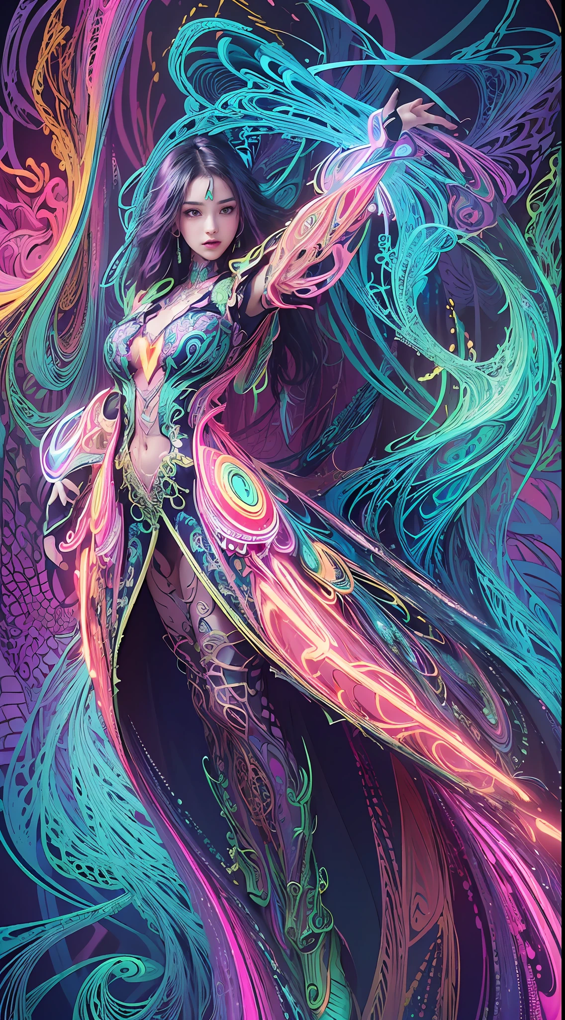 (masterpiece, top quality, best quality, official art, beautiful and aesthetic:1.2), (1girl:1.3), extremely detailed,(fractal art:1.2),colorful,highest detailed,( zentangle neon:1.2), (dynamic pose), (abstract background neon:1.5), (treditional dress:1.2), (shiny skin), (many colors:1.4), upper body ,Neon,16K,Full HD