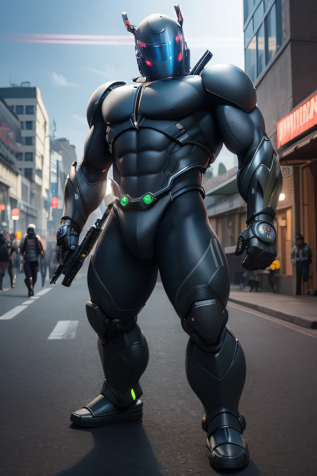 A man in a suit is standing on the street, muscular! ciberpunk, Sci-fi armor! muscular, muscular!! Sci-Fi, Fur suit for the whole body, Muscular male undead cyborg, Shot from the movie about the cyborg villain, He holds a cyborg sword in his hand, gynoid cyborg body, Suit robot, Futuristic robot body, Posing in Neo - Tokyo Futuristic, cyborg body, diverse cybersuits