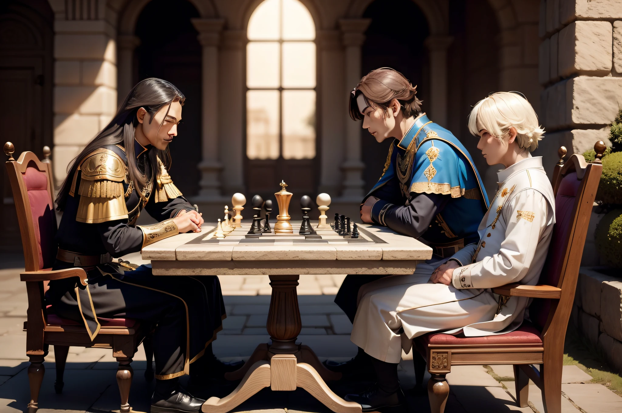Stone Desk、Royal knights sitting across from each other、Two royal knights sitting on stone chairs、Playing chess face to face、