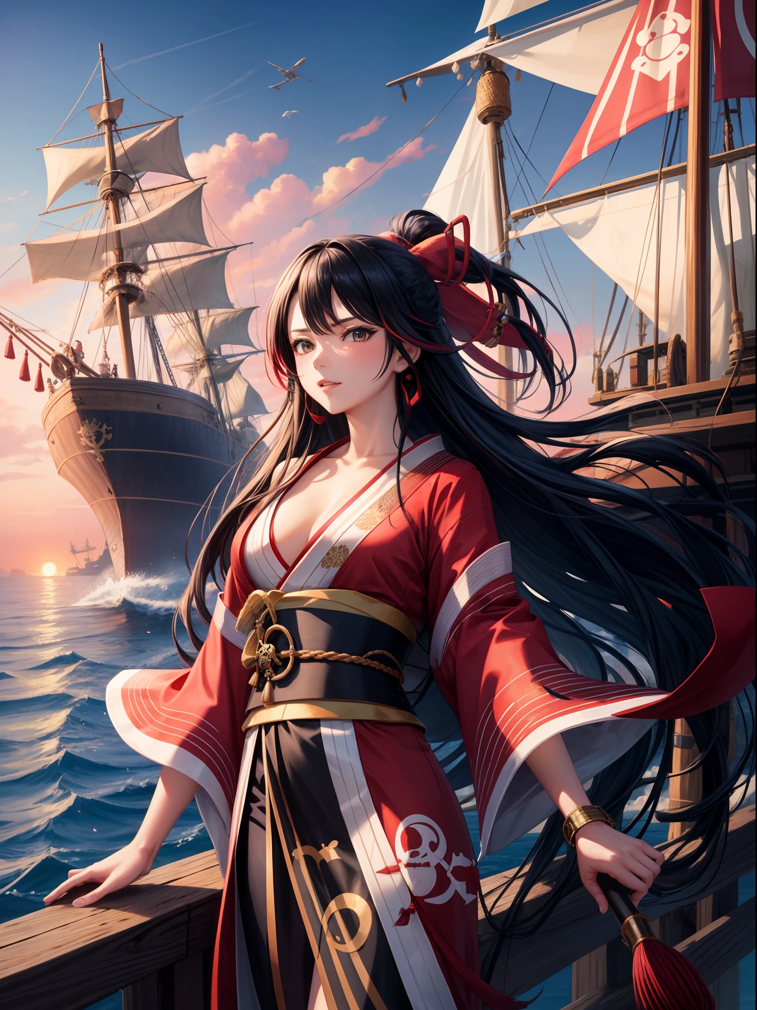 Red sky、Female pirate beauty、kimono、Black hair Long hair、Pirate Ship