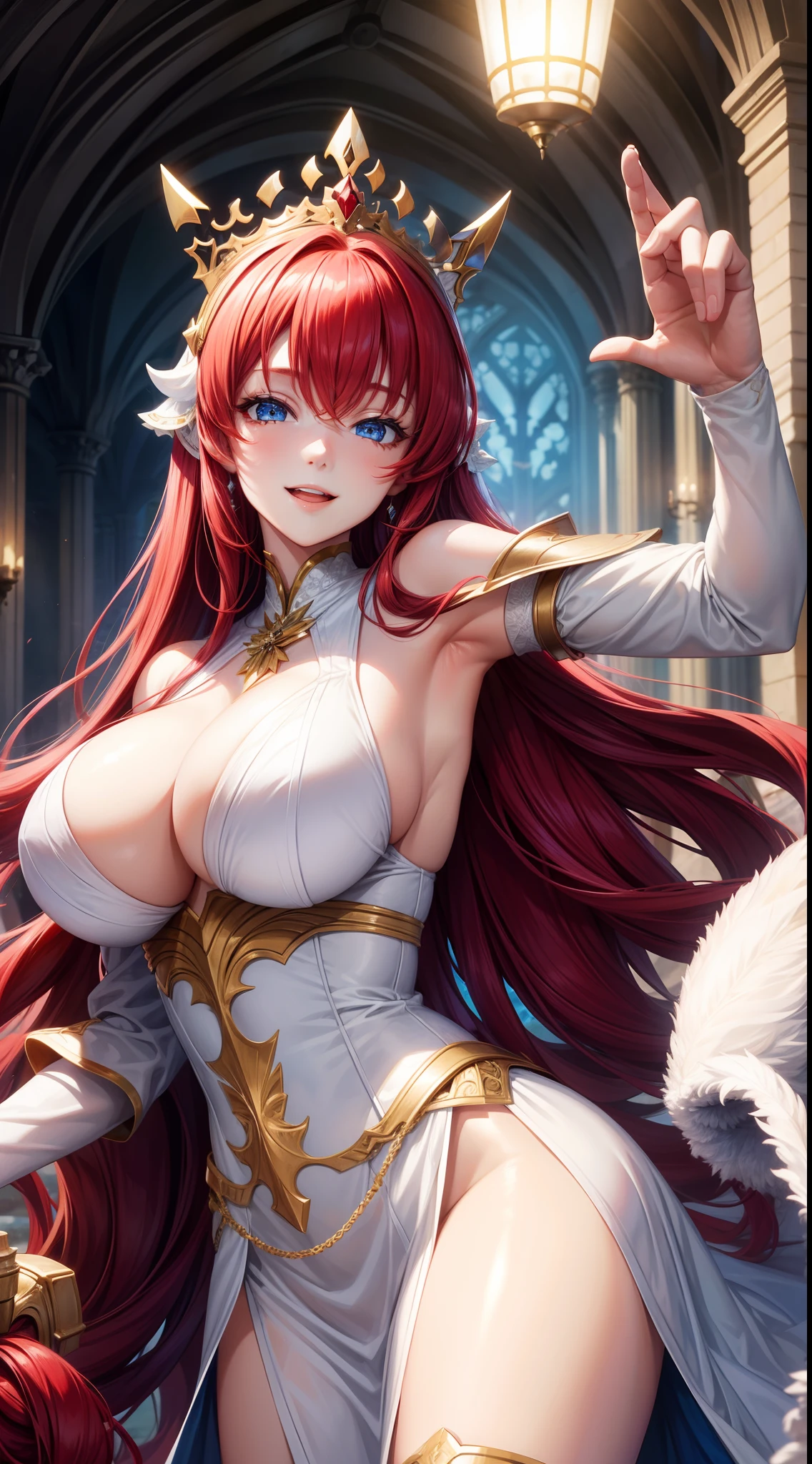 young girl, Long red hair, blue eyes, Huge-breasts, White princess dress, open breasts, Smile, Masterpiece, hiquality
