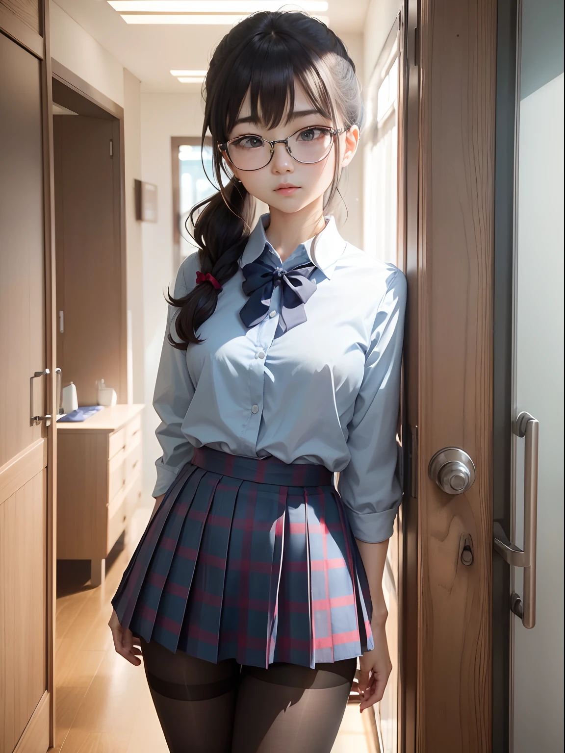 (8K、Raw photography、top-quality、masterpiece:1.2),watching at viewers,Looking at the front,Short ponytail,Bullish,Muchimuchi,Erotic,Pupils,Light Blue Bra,de pele branca,kne,(Black pantyhose),absurderes,a small face,small tits,flat breast,Parting the bangs from the middle、Forehead visible,(be shy,Tight eyes,glares,Bullish,skinny,Rasping,irate)、masterpiece,top-quality、超A high resolution,Raw photo,ren,Beautiful fece,One Person, 独奏,eye glass,,Small breasts,fullllbody,Round glasses、cute little、Back to Student,JK school uniform,hi-school girl,A Japanese Lady,is standing,(Photorealsitic:1.37)、Photon mapping,Realistic、Cute little face,Brown-eyed、Black socks、(Red bow tie)、Radio City、Physically Based Rendering、Foreground、depth of fields、Blurry background、a picture,The girls、Body,beauty legs, Long legs, Thin leg,Tie your hair into one strand on your chest,(Bangs are visible), hair, s lips, Blue_The eye, nosesoft,(Light blue shirt), (Navy and blue and white plaid pleated skirt), Knees are visible,Sheer clothing,, Thigh, Black cotton socks,Nogizaka Idol, 女優, Japanese ido