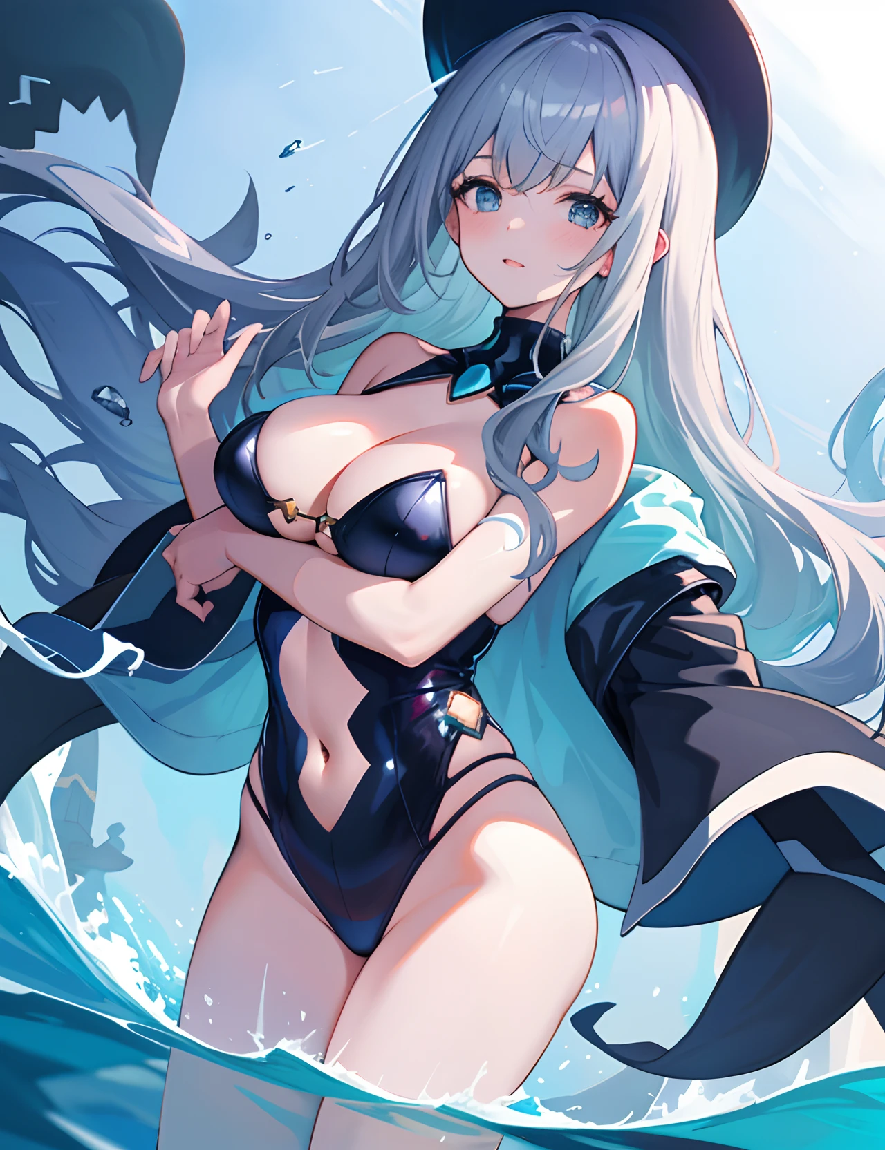 (ultra - detailed,A high resolution,tmasterpiece)1girll,whales,End,Ocean dynamics angles,abyssal,aquarelle,Sparkling highlights,huge tit,exposing her chest