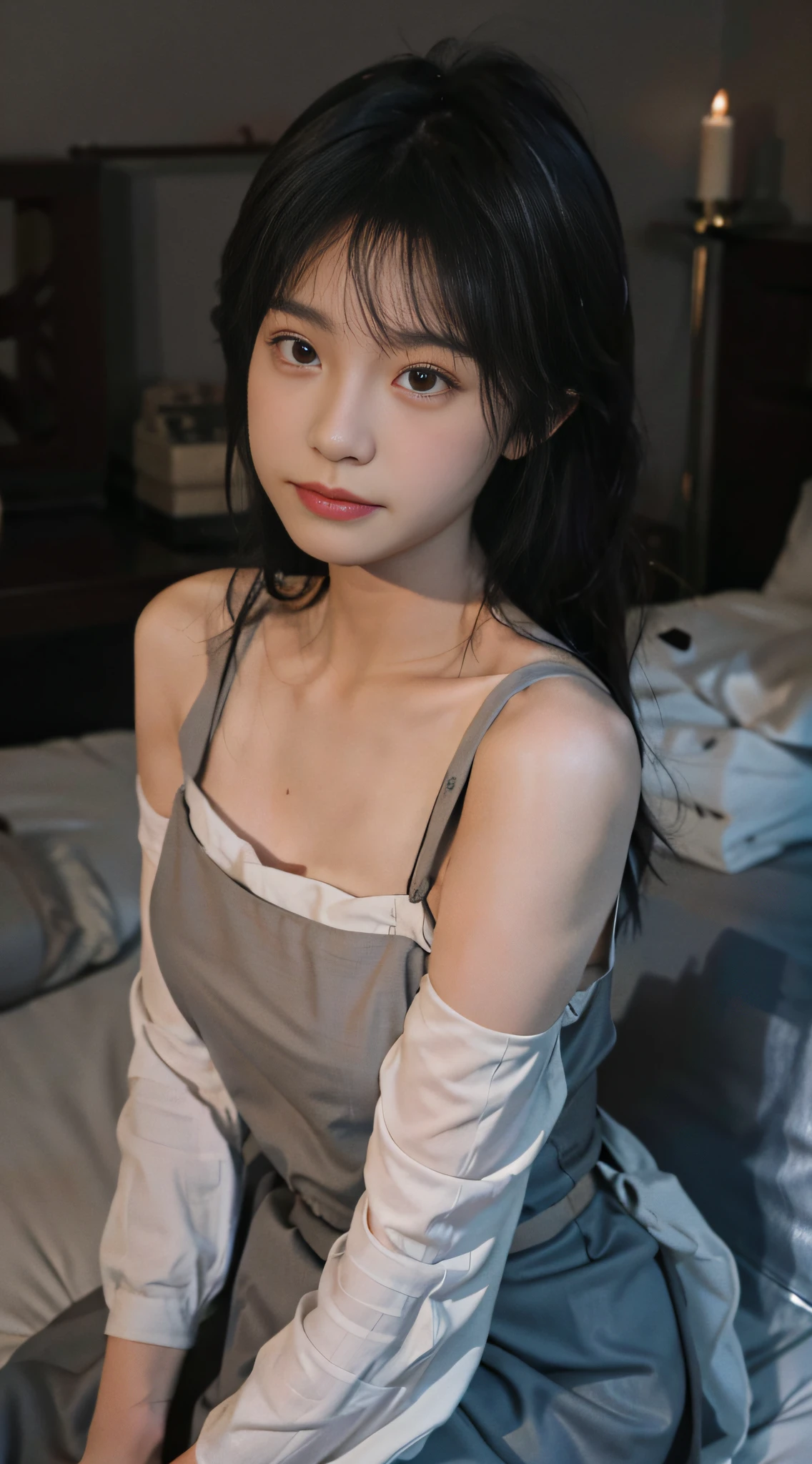 best qualtiy， 超高分辨率，8K，Royal Sister，Beautuful Women， looking at viewert， closeup cleavage，self-shot，The upper part of the body，the maid outfit，cropped shoulders，on top of the bed，sitted