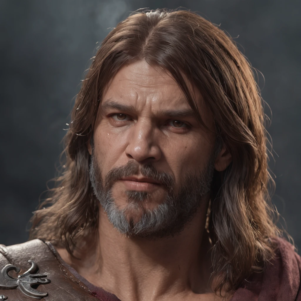 fazer uma imagem do personagem he-man, (Professional 3D rendering:1.3) de (Realistic:1.3) Foto de arte mais bonita do mundo,Features soft, bright male heroes, ((Epic hero fantasy rough muscular man wet hero angry look long hair short beard and fierce expression in dynamic pose, fantastic location, majestoso ambiente desordenado)), corpo inteiro 8k unidade render, action shot, poros da pele, very dark lighting, sombreamento pesado, circunstanciado, Rosto detalhado, (vibrante, fotogrdeia realista, Realistic, Dramatic, Escuro, foco nítido, 8k), (Old leather clothes damaged by bad weather:1.4), ((((Use peles)))), (intrincado:1.4), decadente, (altamente detalhado:1.4), pintura digital, rendering by octane, art stations, Conceito-Arte, liso, foco nítido, illustration, germe da arte, (Loish:0.23), Wlop Ilya Kuvshinov, e Greg Rutkowski e Alphonse Mucha Gracias, (global ilumination, studiolight, Light Volumetric), chuva forte, floating particles, patife, fantasia, Onze, corpo inteiroesbian, ((Fundo escuro e antigo da cidade:1.3)),CGSesociedade,art stations
