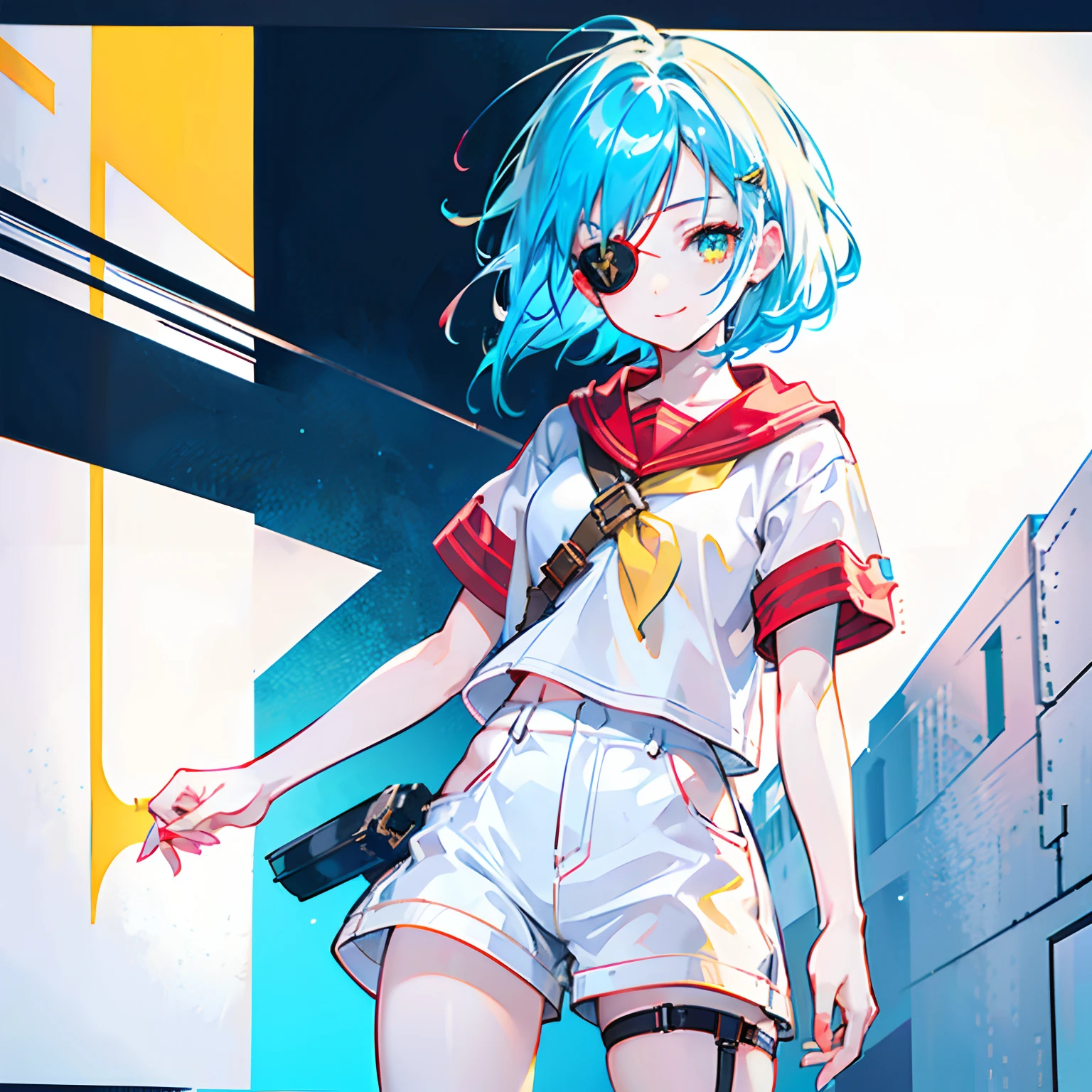 Best quality, highest resolution, 1 girl, solo, young woman, small breasts, perfect anatomy, well drawn hands and arms, cute white and red casual clothes, whole picture, Short blue hair, yellow eyes with red iris, eye-patch, smiling joyfully, city streets