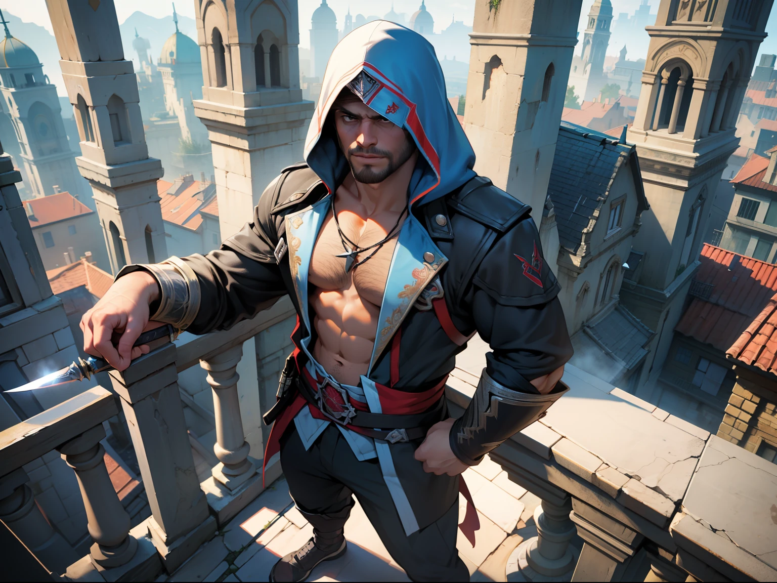 30 years old, male, assassin's creed, standing on top of a roof, very high roof, highest point in the city, panoramic view of the entire city, stubble, huge muscles, mature man, muscle swelling, bodybuilding, chest muscles, abs, natural light, 1man, steam punk, the dark ages, ancient European city, full body, assassin's creed outfit, raising one arm to the sky holding a sword, daggers and weapons as accessories, little to no clothing, assassin