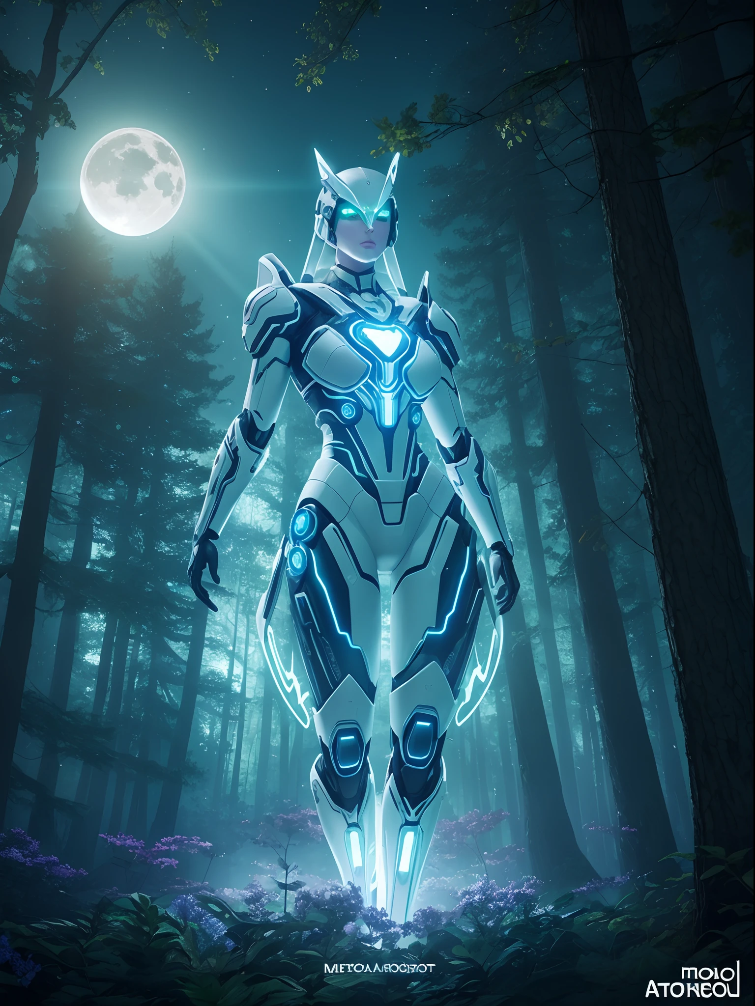 Radiant Cyborg Amidst the Shadows: In the heart of a moonlit forest, a meticulously detailed porcelain android gazes toward you. Its form is adorned with ethereal backlit panels that cast a soft, captivating glow. Around it, intricate anatomical plants emerge, illuminated by the android's luminous presence. The vibrant hues of the flora create a stunning contrast against the dark backdrop, offering a mesmerizing blend of technological brilliance and organic beauty --auto