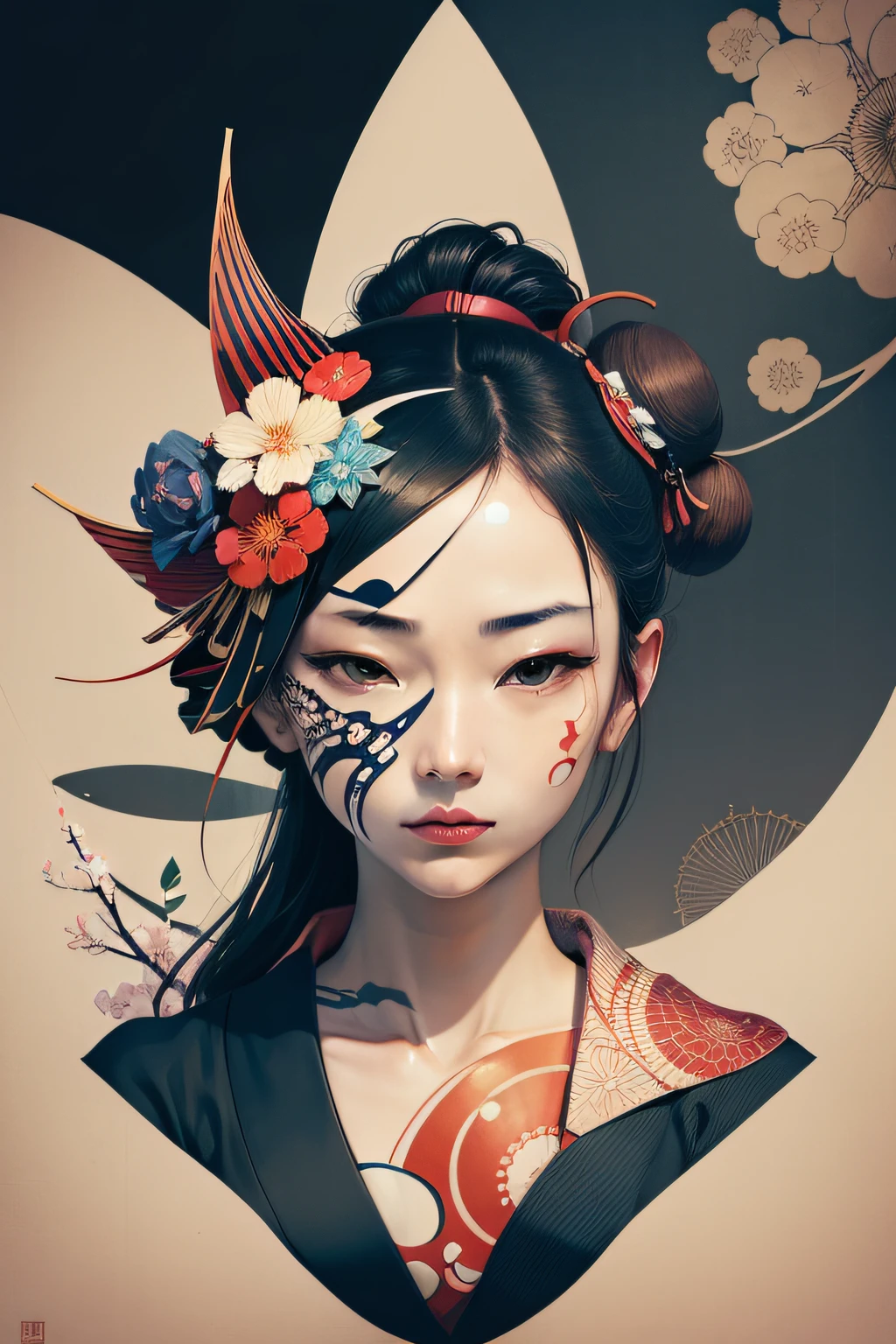 Conceptualize an abstract representation of Ukiyo-e or the "floating world". Blend a collage of elements from famous prints in fragmented, surreal compositions. The kanji for hope is subtly integrated within the chaotic yet harmonious assemblage.