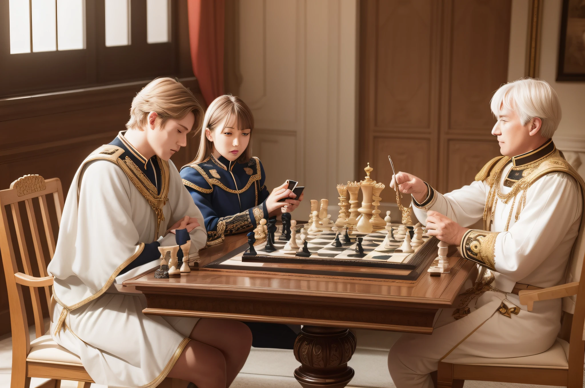 Stone Desk、Royal knights sitting across from each other、Two royal knights sitting on chairs、Playing Chess Face-to-Face、Chessboard、Knight's Piece、Detailed works、Close up on the chessboard