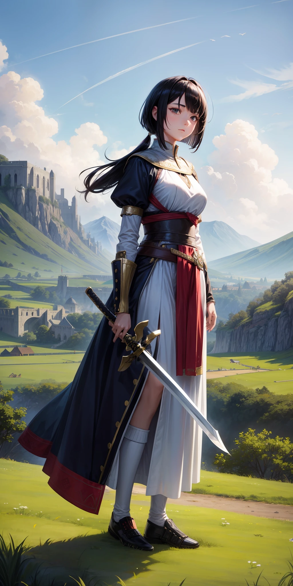 Female braves、a beauty girl、Black Hair Bob、Travel clothes、Low exposure、hair adornments、medieval times、I'm holding a sword、Facing the front、grass field、is standing、full body seen、the hair flutters with the wind、1Person-person perspective