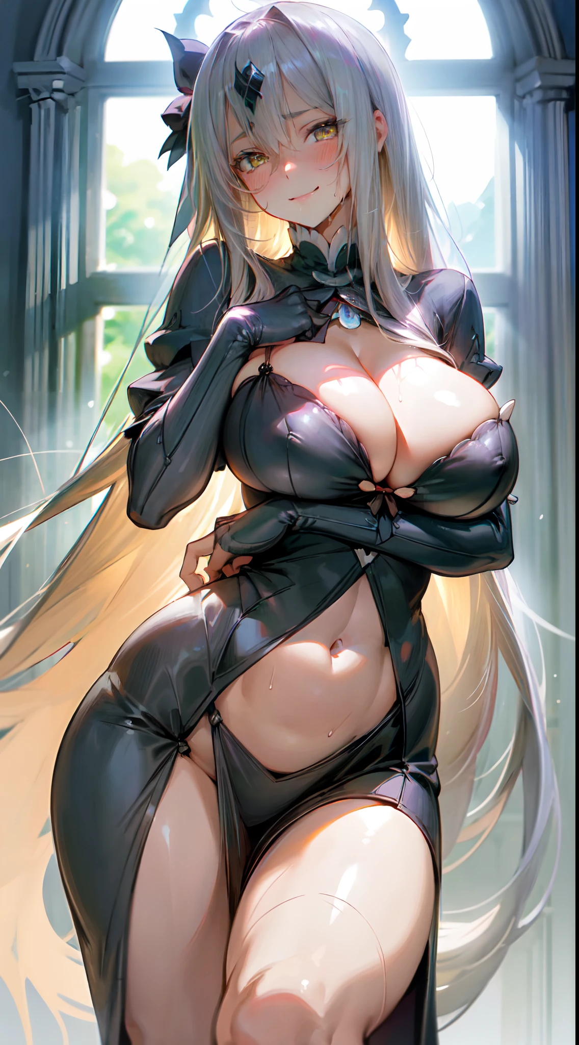 (huge breasts), (narrow waist), ((Extremely detailed)), 4K, (8K), Best Quality, (Beautiful), masterpiece, best quality, high_resolution, finely detailed, extremely delicate and beautiful, 1 girl, very long silver hair, narrow waist, cleavage, Jeanne d'Arc alter (Fate Grand Order), Echidna (Re:Zero), looking at the audience, gigantic cleavage breasts, sexy huge ass, beautiful high detailed smile, beautiful face, pastel_yellow eyes, beautiful high detailed eyes, beautiful thick body, very erotic, gigantic cleavage breasts, sexy big buttocks, very wet beautiful glamorous body, sexy very big breast, sexy big butt, big breasts insertion, high detailed beautiful sexy body, very wet body, UHD, NSFW, highres, best quality, belly button, sexy big buttocks, room, window with beautiful night view,(luminouslighting,Atmospheric lighting), sexy black dress