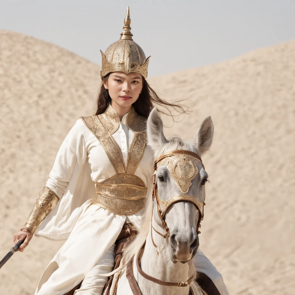 cowboy lens, (anatomy correct), 1 Female knight, Ride a white horse, Exquisite helmet，Gold armor，Delicate pattern，Oriental elements，Ink painting style, Clean colors,gold space, Soft lighting, ( Bokeh)，Masterpiece, Super detailed, Epic composition, Highest quality, 4K，
