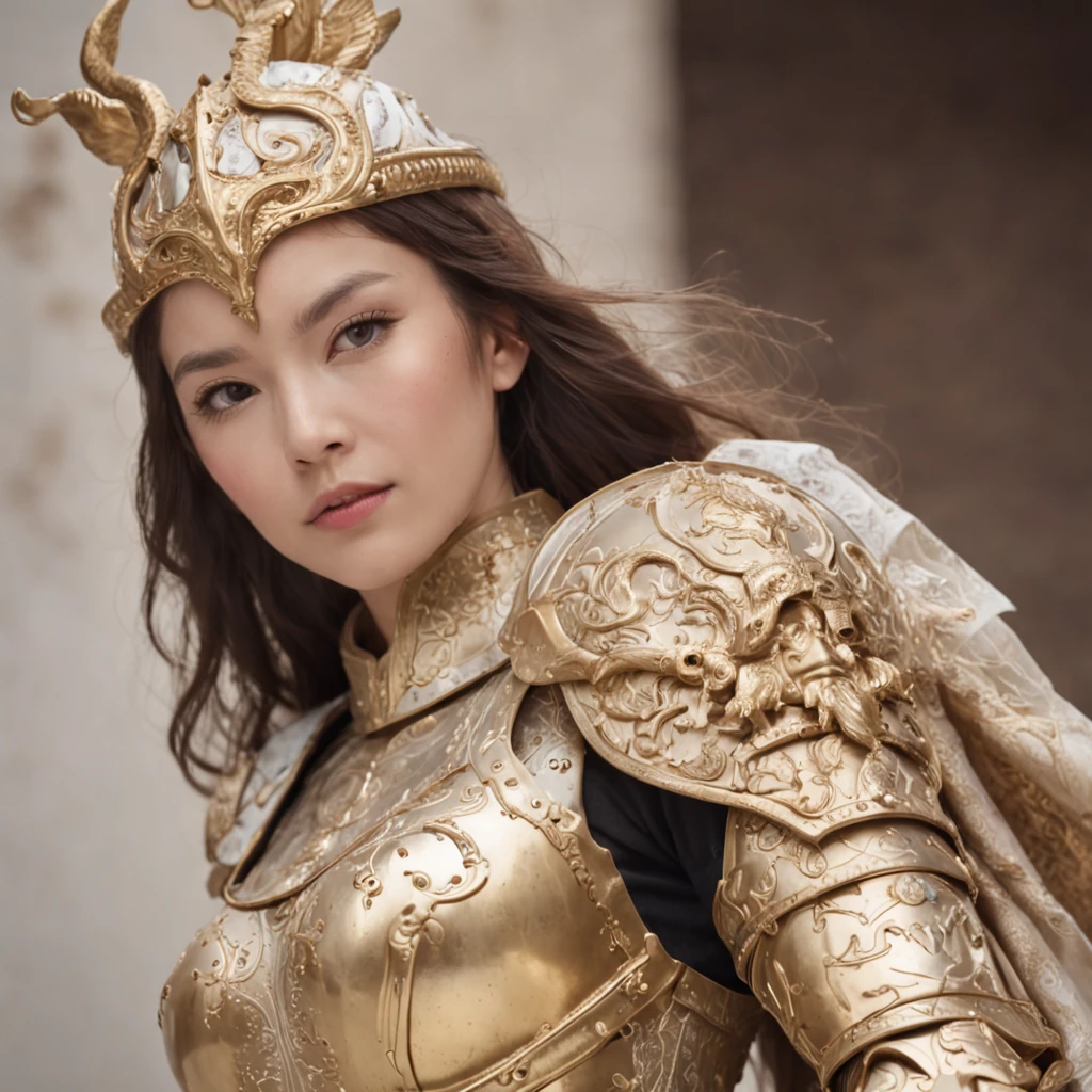 cowboy lens, (anatomy correct), 1 Female knight, Ride a white horse, Exquisite helmet,Gold armor,Delicate pattern,Oriental elements,Ink painting style, Clean colors,gold space, Soft lighting, ( Bokeh),Masterpiece, Super detailed, Epic composition, Highest quality, 4K,
