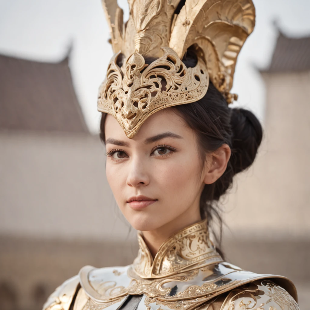 beautiful muscular antique greek spartan warrior asian girl, detailed face with piercing eyes, flowing dark hair, wearing ornate spartan helmet with ornate gold and bronze details, wearing detailed spartan battle armor with intricate gold and bronze designs, holding a golden sword, dramatic lighting, cinematic angle, highly detailed, photorealistic, 8k, masterpiece