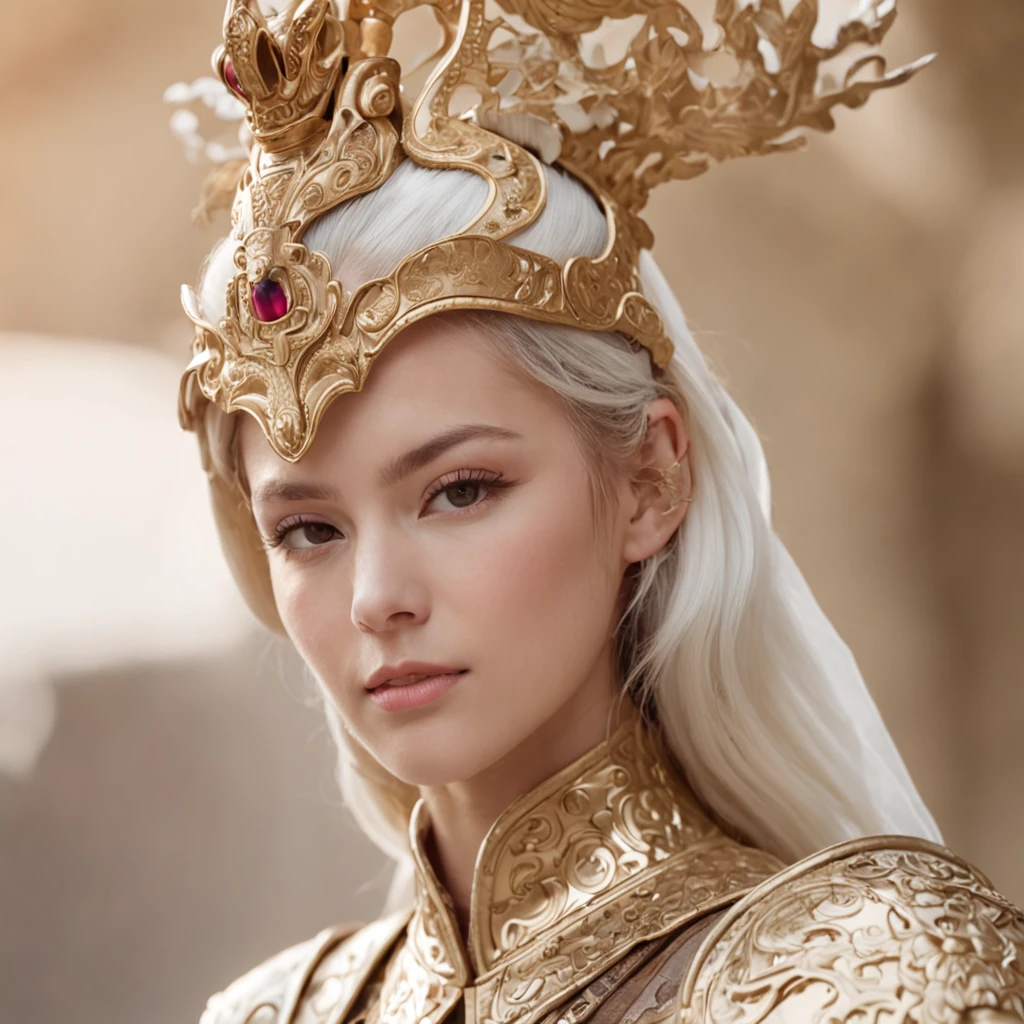 cowboy lens, (anatomy correct), 1 Female knight, Ride a white horse, Exquisite helmet，Gold armor，Delicate pattern，Oriental elements，Ink painting style, Clean colors,gold space, Soft lighting, ( Bokeh)，Masterpiece, Super detailed, Epic composition, Highest quality, 4K，