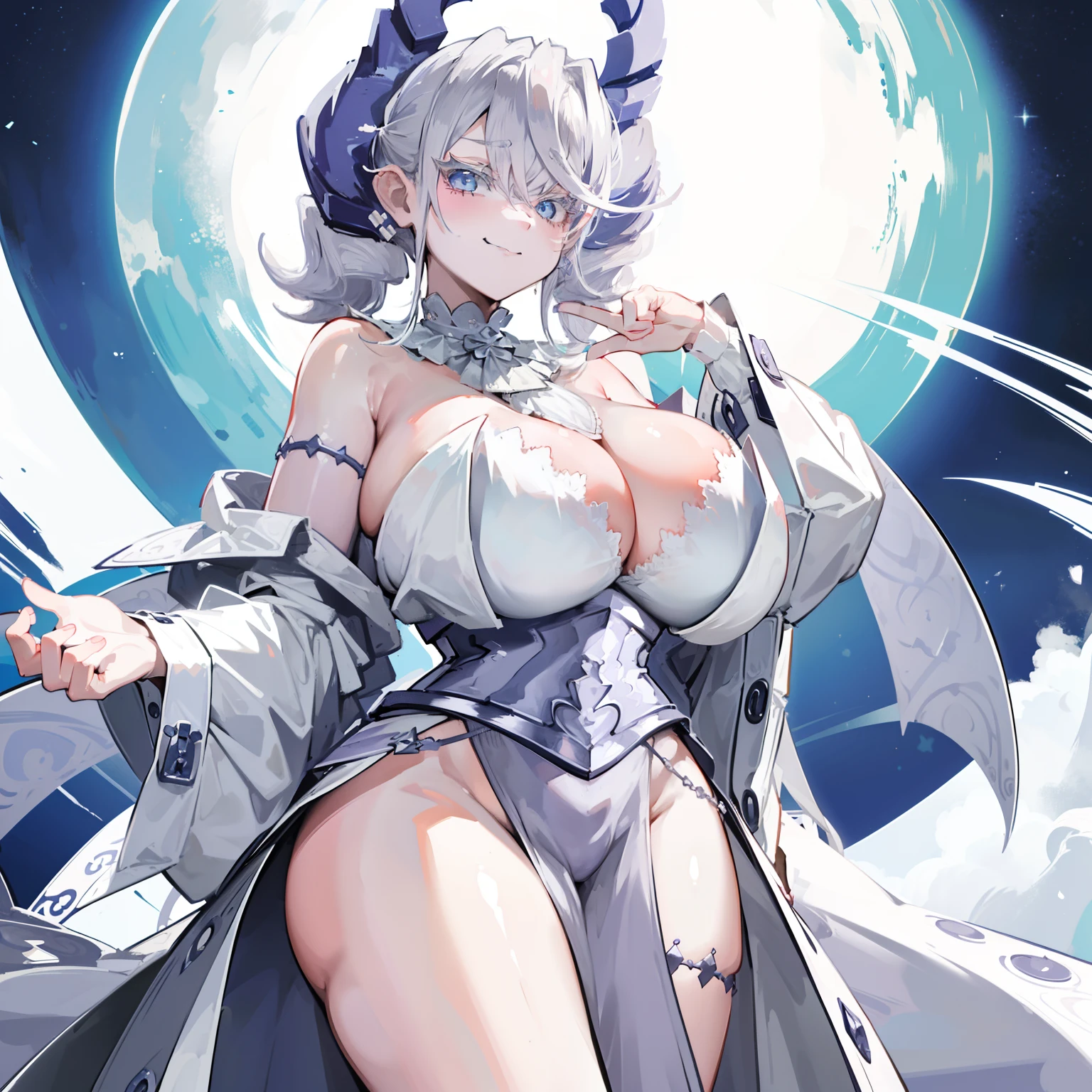 ((​masterpiece)), ((Top image quality)), ((Hi-Res)), ((Ultra detailed CG unified 8k wallpaper)), 独奏, 遊戯王!,White hair、Woman in white robe, Seductive Anime Girl, perfect gray hair girl, Chest covered、SFW, white haired god, white  hair,  troll、(doyagao:1.5),Smirk,naughty,with a big chest, (best ratio four finger and one thumb),Chic, Bat Wings,with large breasts,  (bright skin)、White-haired,erotick 、silver castle、borgar 、sie boob, beautiful alluring anime woman, SFW Nana huge breasts, oppai