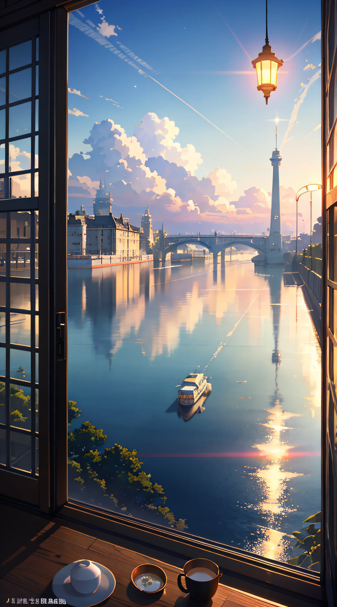 High quality masterpiece ,scenecy,Anime train passing through bodies of water on tracks, nigh sky。Romantic train,pixiv,concept-art,Lofi art style,Reflectors。 by makoto shinkai, lofi art, beautiful anime scenes, Anime landscapes, Detailed scenery —width 672, in style of makoto shinkai, style of makoto shinkai,Detail enhancement。