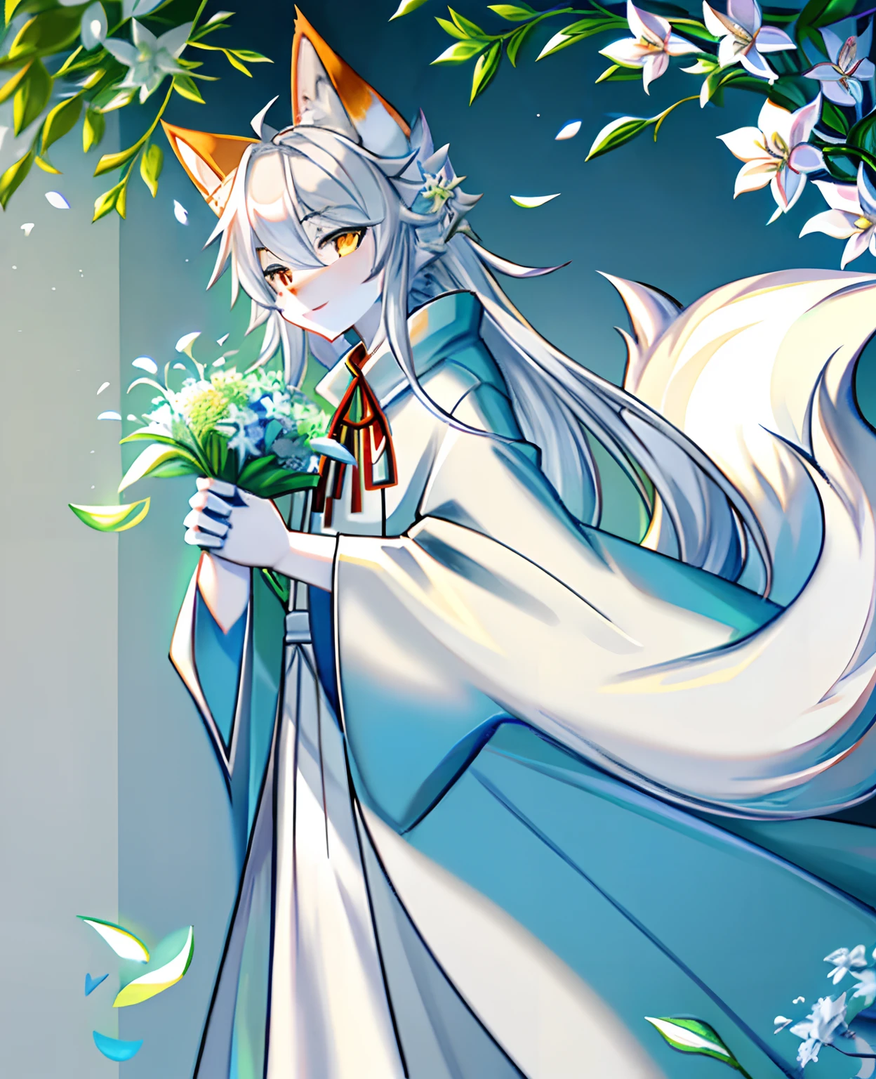 A male nine-tailed fox in a white robe,Holding a bouquet of lilies in his hand, The Nine Tails hung on the ground, He has silver patterns on his ears and tail