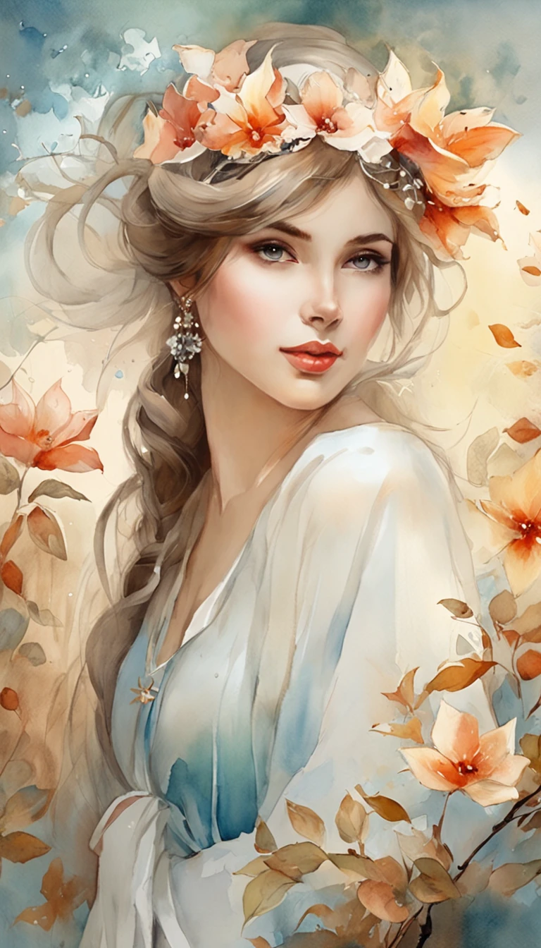 (best qualtiy,tmasterpiece), Beautiful vintage woman, Beautiful goddess, ((The shirt, long skirt, semi transparent, Floral)), Beautiful hair accessories, Maple Grove, detailed scene, the night, starrysky, cold light, (cyan colors, white colors), ((From the side Side)), ((full bodyesbian)), ((Realistic))