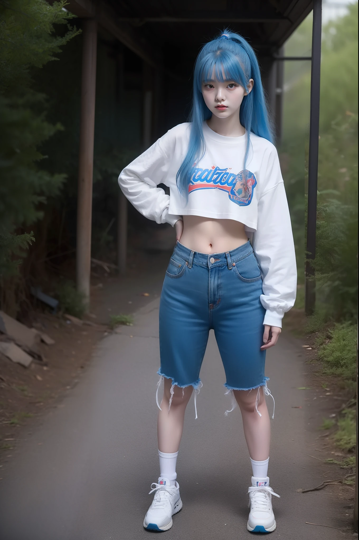 "Full body view of 18 years old Kim Chaewon as a young girl in a tattered and rotted clothing, with blue hair. She is standing confidently, with a slight exposure of her midriff and a petite figure. The photo is captured in UHD 4K, exhibiting exquisite details."