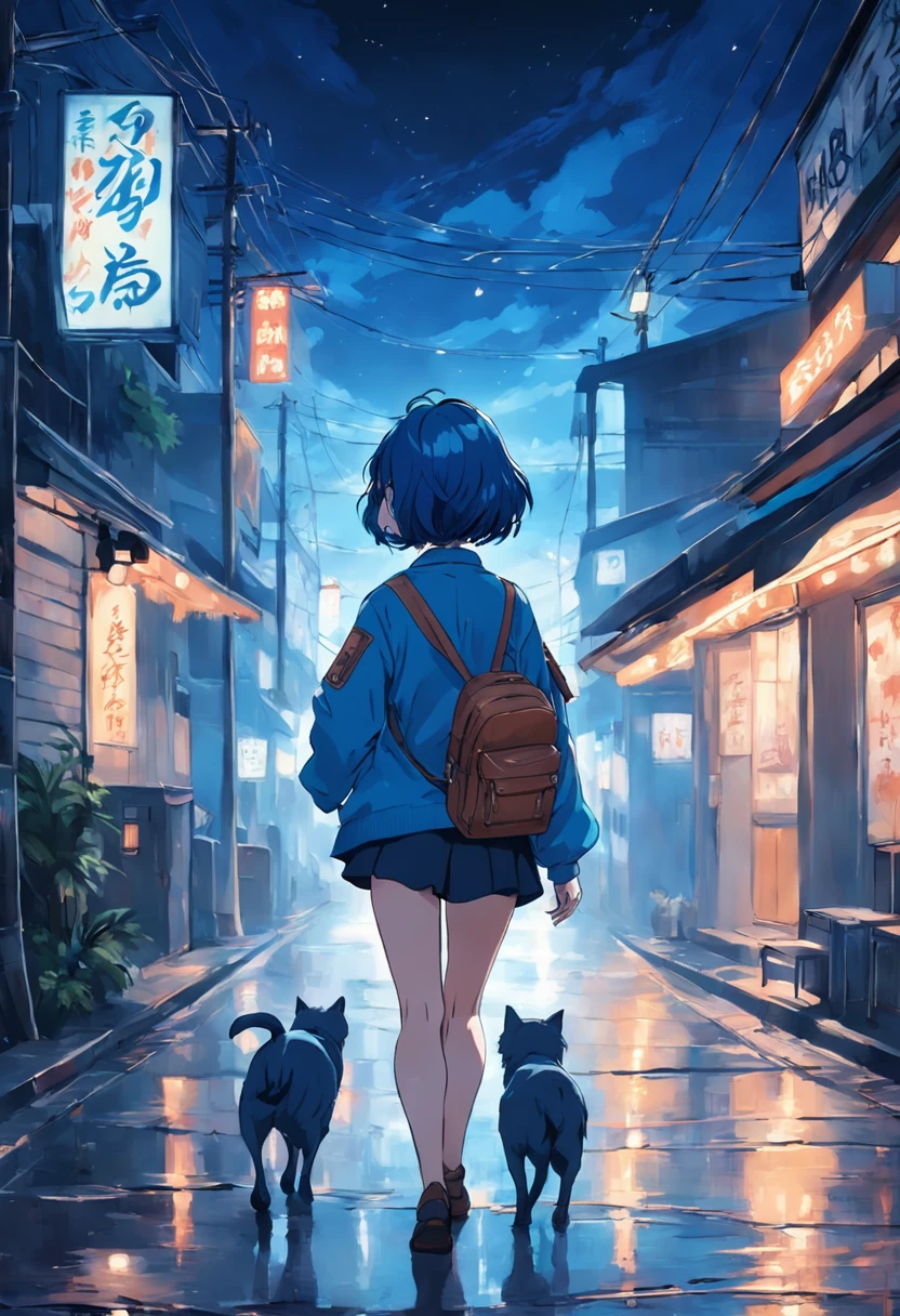 Draw retro blue short hair girl from behind with guitar on back walking in the town at night time,Convey order and respect(Don't be beautiful)