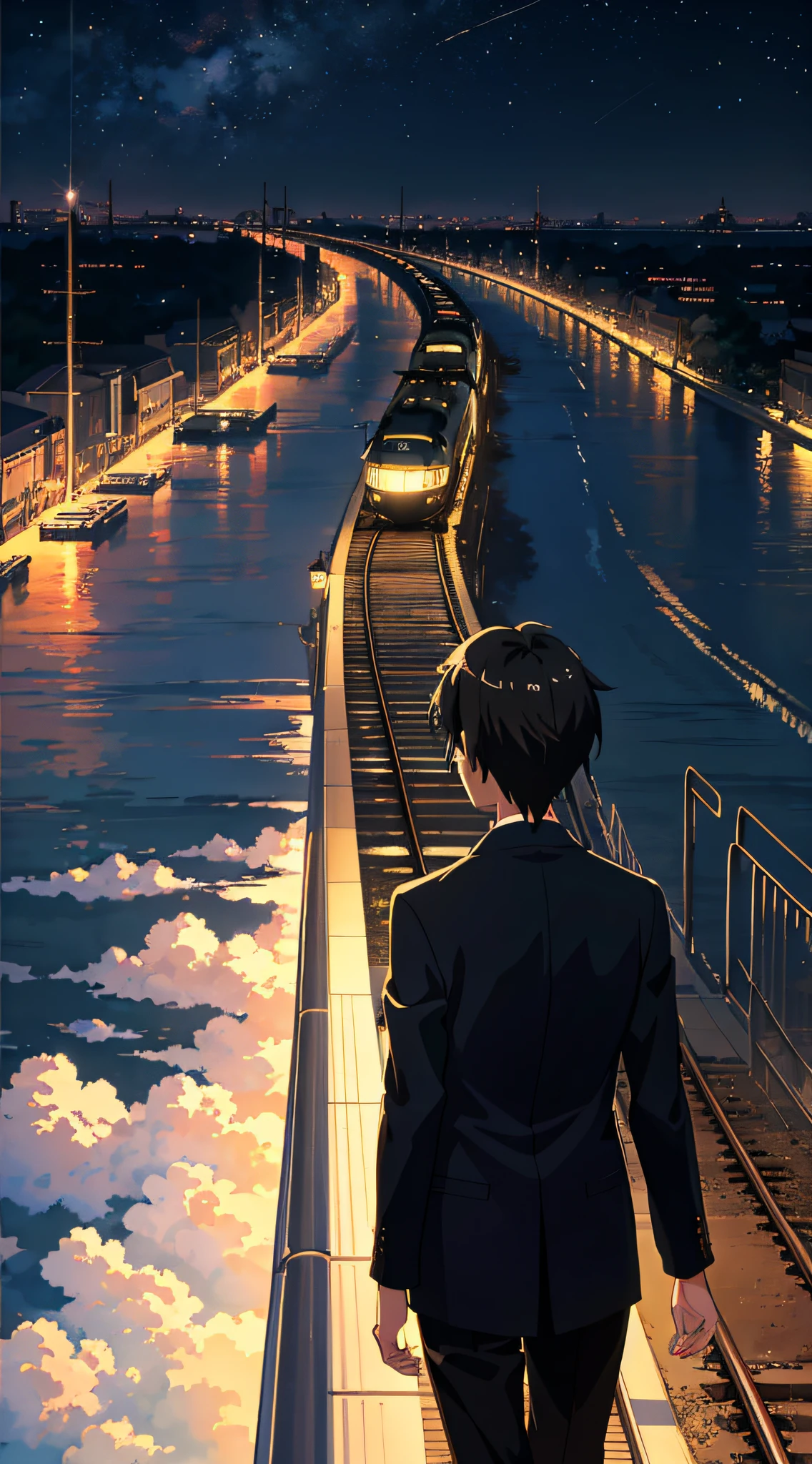 High quality masterpiece ，scenecy，Anime train passing through bodies of water on tracks， nigh sky。Romantic train，pixiv，concept-art，Lofi art style，Reflectors。 by makoto shinkai, lofi art, beautiful anime scenes, Anime landscapes, Detailed scenery —width 672, in style of makoto shinkai, style of makoto shinkai，Detail enhancement。