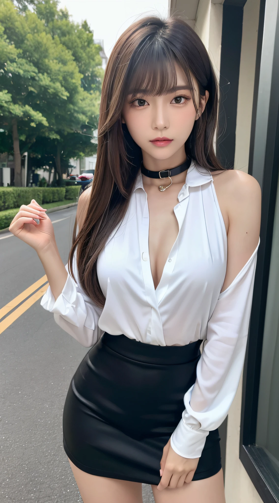 (Best Quality, 8K, masutepiece, Ultra HD: 1.3), 1girl in, small tits ,light brown hair, Blunt bangs, hair behind ear, hair over shoulder, Long hair, slender body shape, Ultra Fine Face, Delicate lips, Beautiful eyes, Double eyelids, lipsticks, thin blush ,Black eyes ,perfect glossy skin,flawless skin fair white skin ,Glistening sweat,A gaze that invites you, Chest,Ultra-thin hands, Ultra-fine fingers, shirt with collar, tight skirts , beauty legs ,Low Heels. outside of house、In the middle of a date