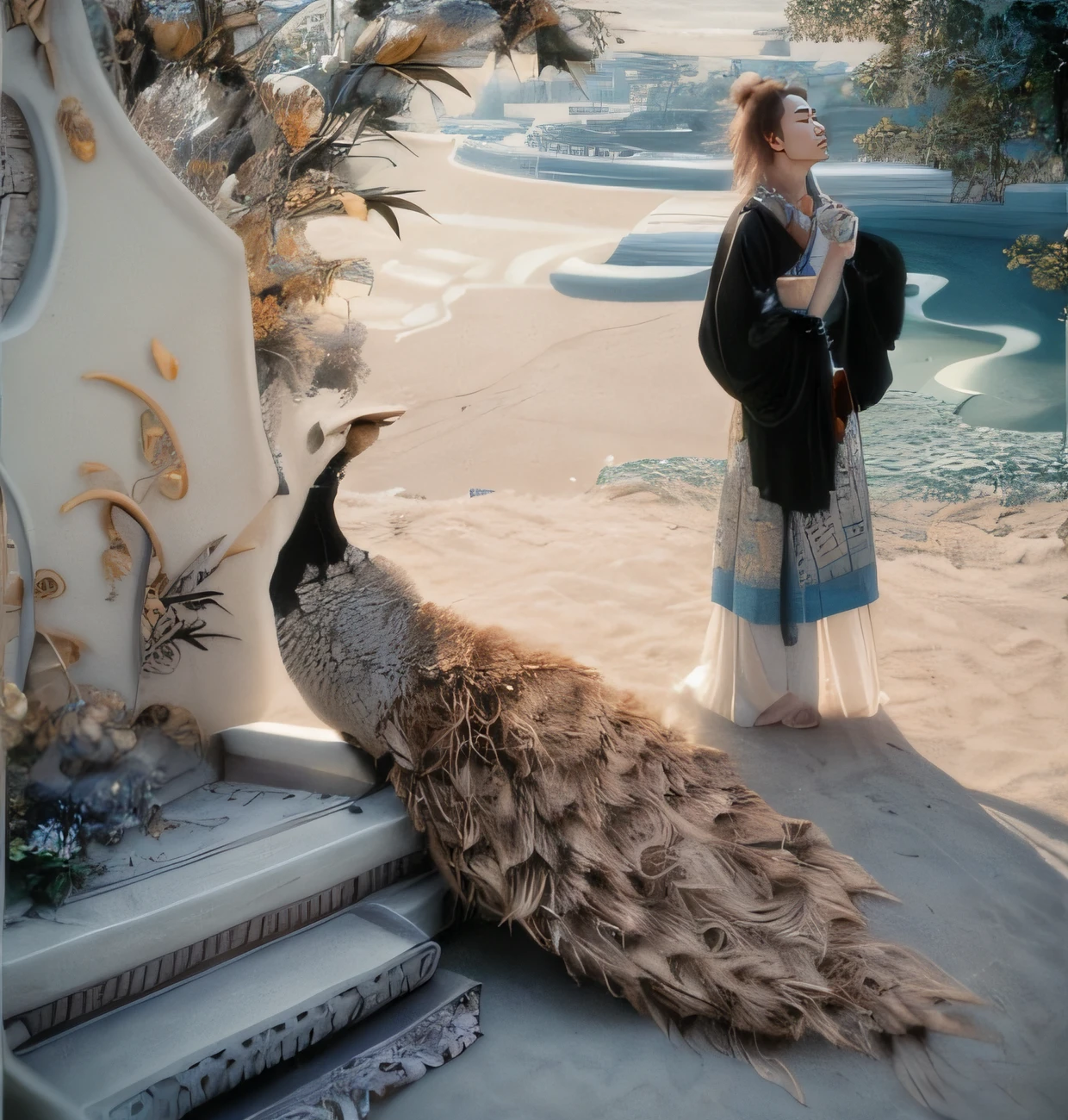Chinese Ancient Times,A young man dressed in Hanfu,In a garden,There is a peacock,Next to the ornamental stone,Steps,Flowers,the trees,surrounded by cloud